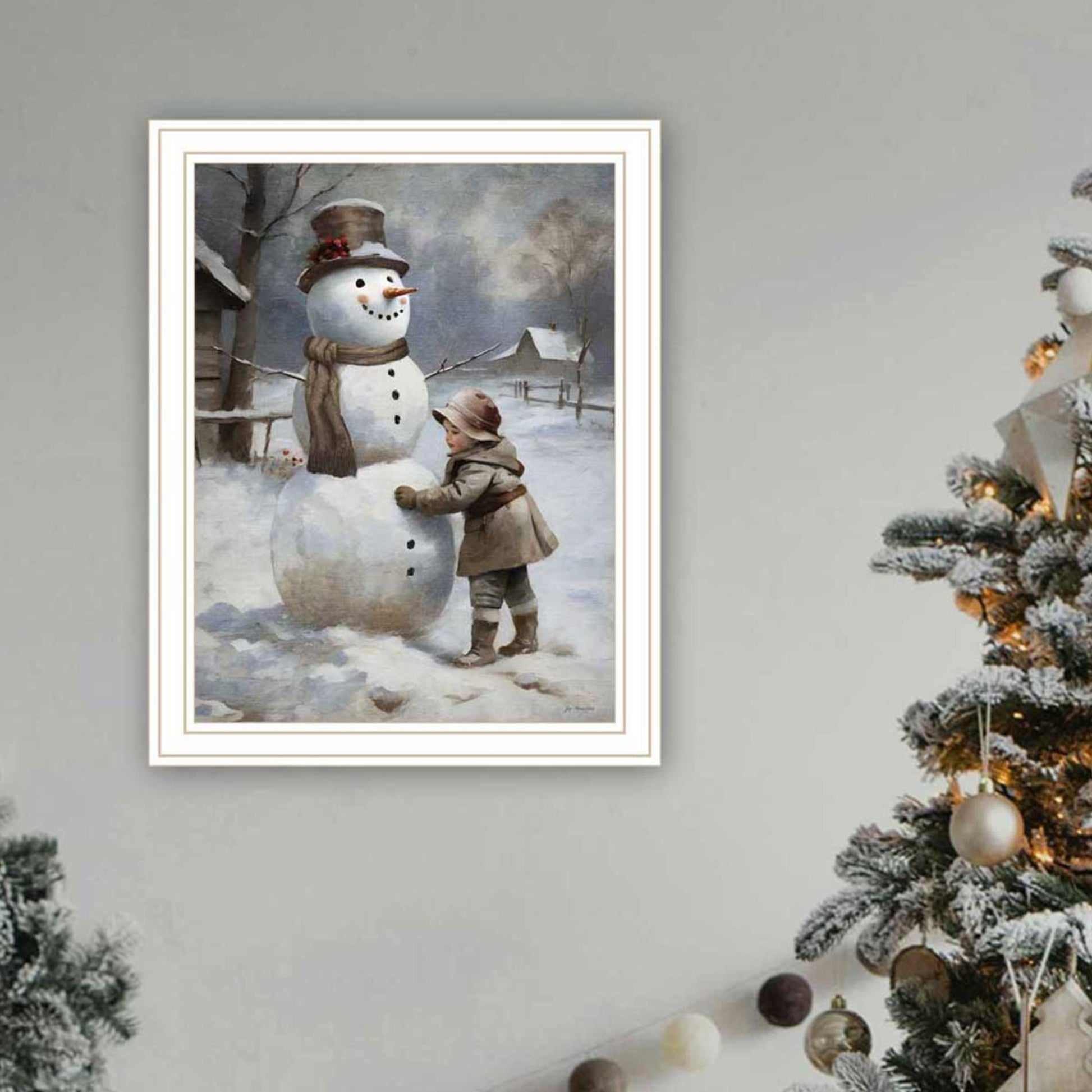 Finishing Touch On The Snowman White Framed Wall Art For Living Room, Holiday Wall Art Print For Home Decor, Bedroom Wall Art By Jo Moulton Multicolor Wood Paper