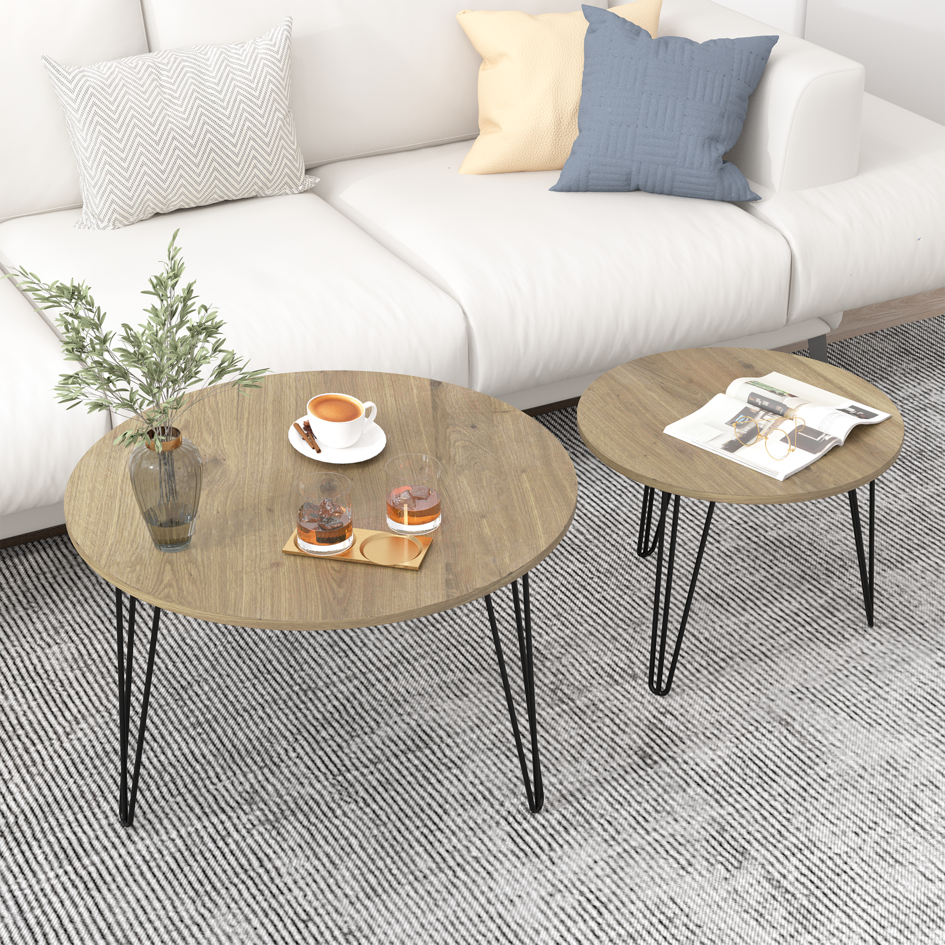 27.56'' Round Nesting Coffee Table Set Of 2, Circular Nesting End Table Set, Round Wooden Tabletop, And Sturdy Metal Base For Living Room, Bedroom, Brown Rustic Brown Round Wood Metal