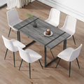 Table And Chair Set, Textured Top In Vintage Retro Grey Wood Grain Desktop, Black Metal Legs. Dining Chair With White Faux Leather Backrest Cushion With Black Metal Legs. Gray,Wood Seats 6 Mdf Metal
