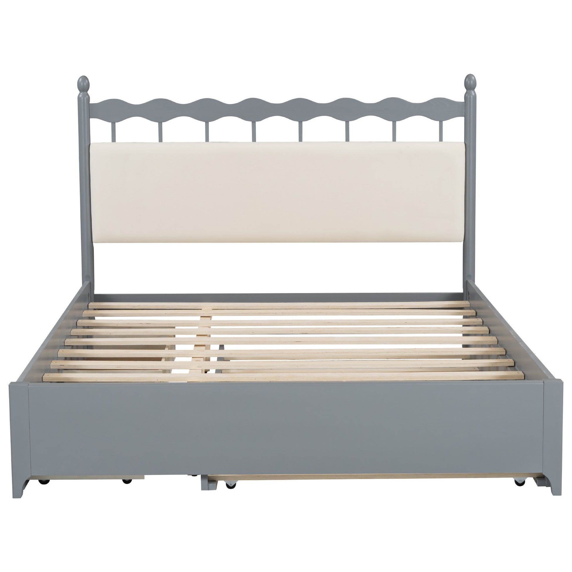 Queen Size Wooden Storage Platform Bed, With 2 Big Drawers, T Size Trundle, Gray Queen Gray Plywood