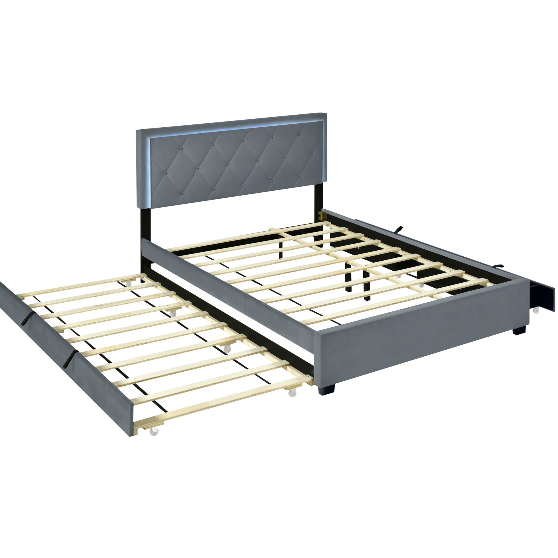 Queen Size Velvet Storage Platform Bed, With 2 Big Drawers, Twin Xl Size Trundle And Led Light, Gray Gray Velvet