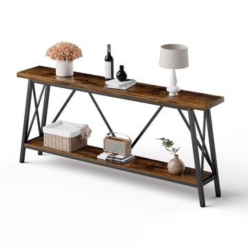 70.9 Inch Extra Long Sofa Table, Console Behind Sofa, Entryway Table With 2 Tier Storage Shelves For Hallways,Living Rooms,Foyers,Entryways,Banquet Rooms,Rustic Brown And Black, 70.9 L X 11.8"W X