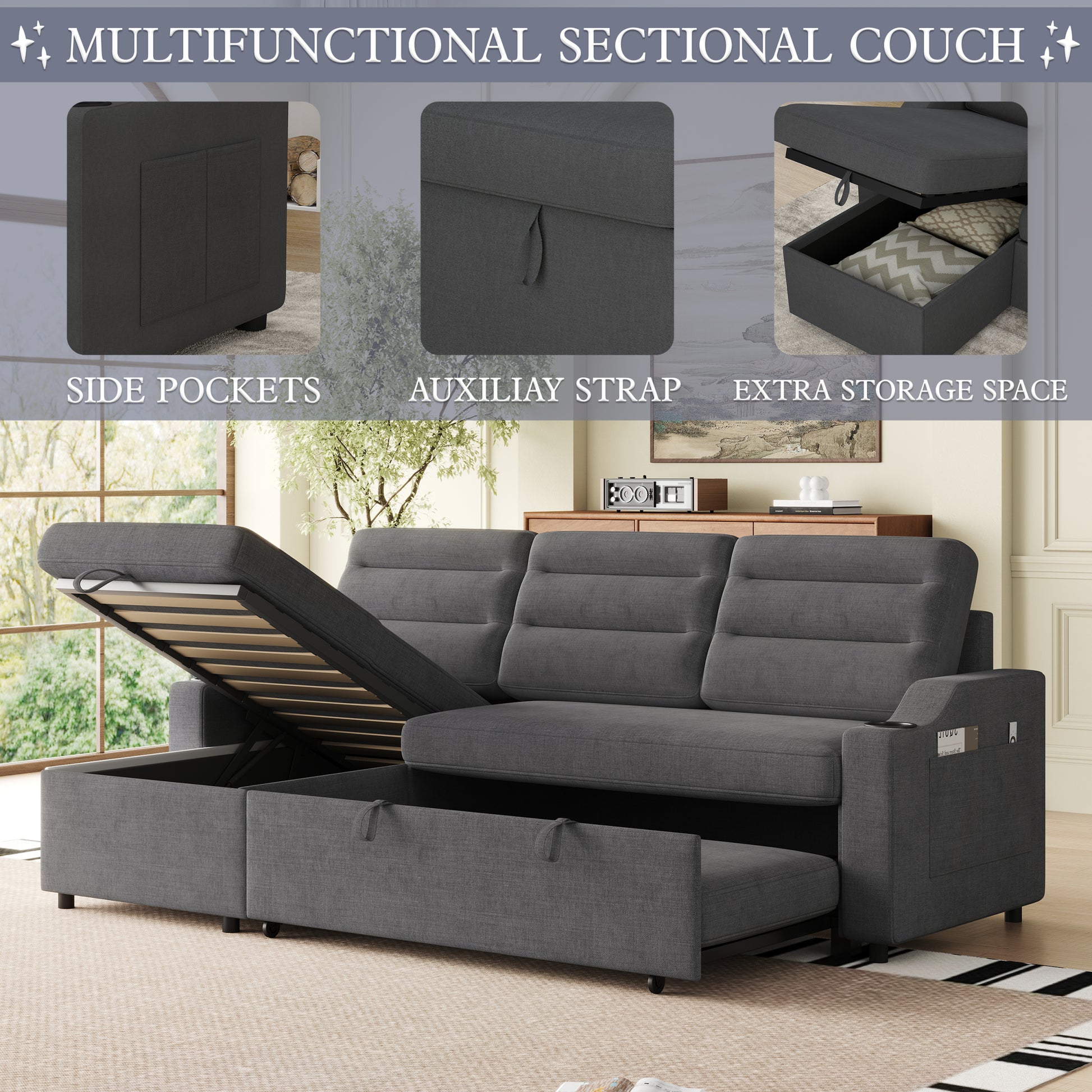 Mh83.5" Convertible Sleeper Combo Sofa, Convertible Sofa Bed Polyester Pullout Bed With Storage Recliner And Cup Holder For Living Room, Tight Spaces Dark Grey Polyester Wood Primary Living Space Pine Foam Fabric 3 Seat