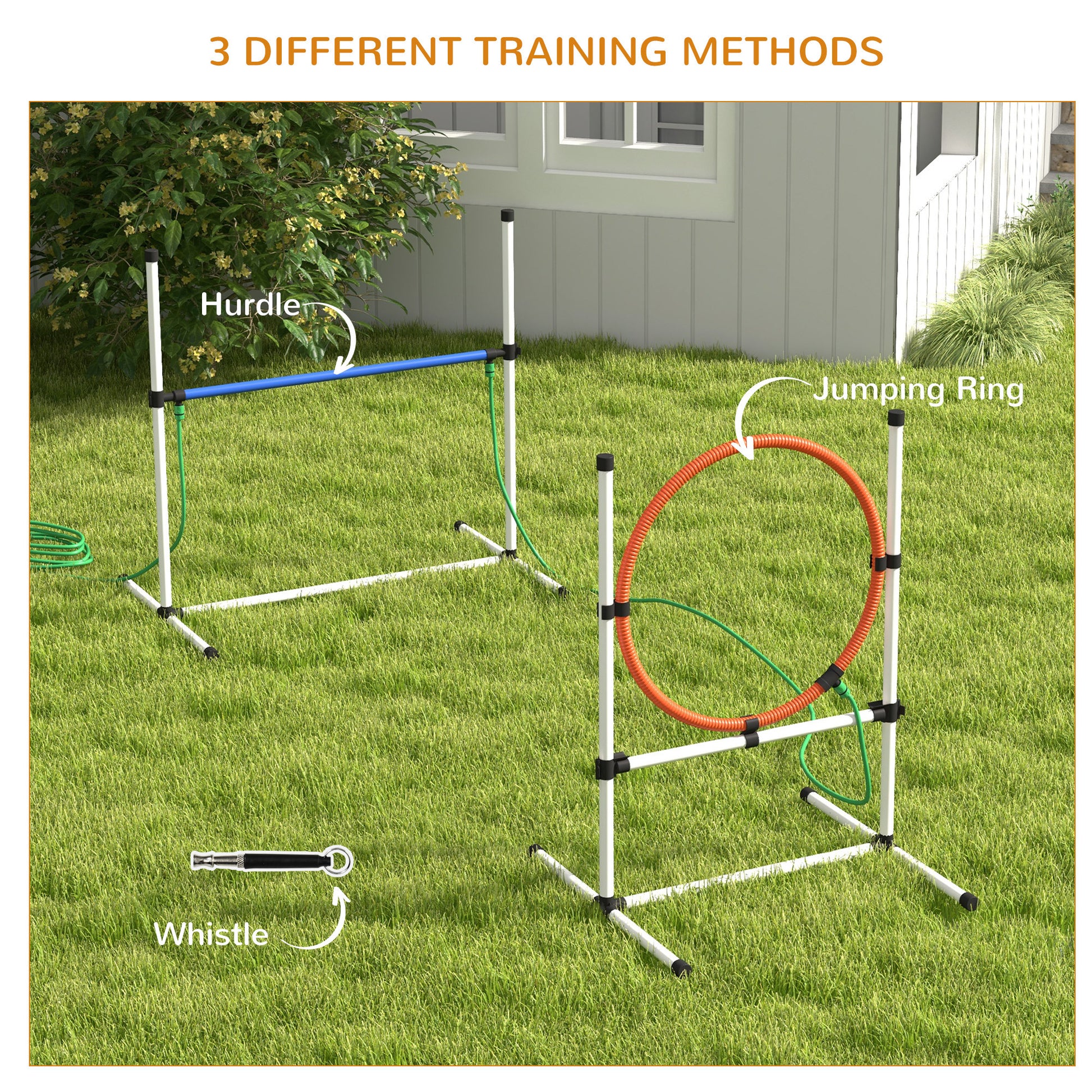 Pawhut 3 Piece Dog Agility Training Equipment Set, Dog Obstacle Course With Adjustable Height Jumping Ring And Hurdle, Spray Water Tube, Carry Bag, Whistle, White White Plastic