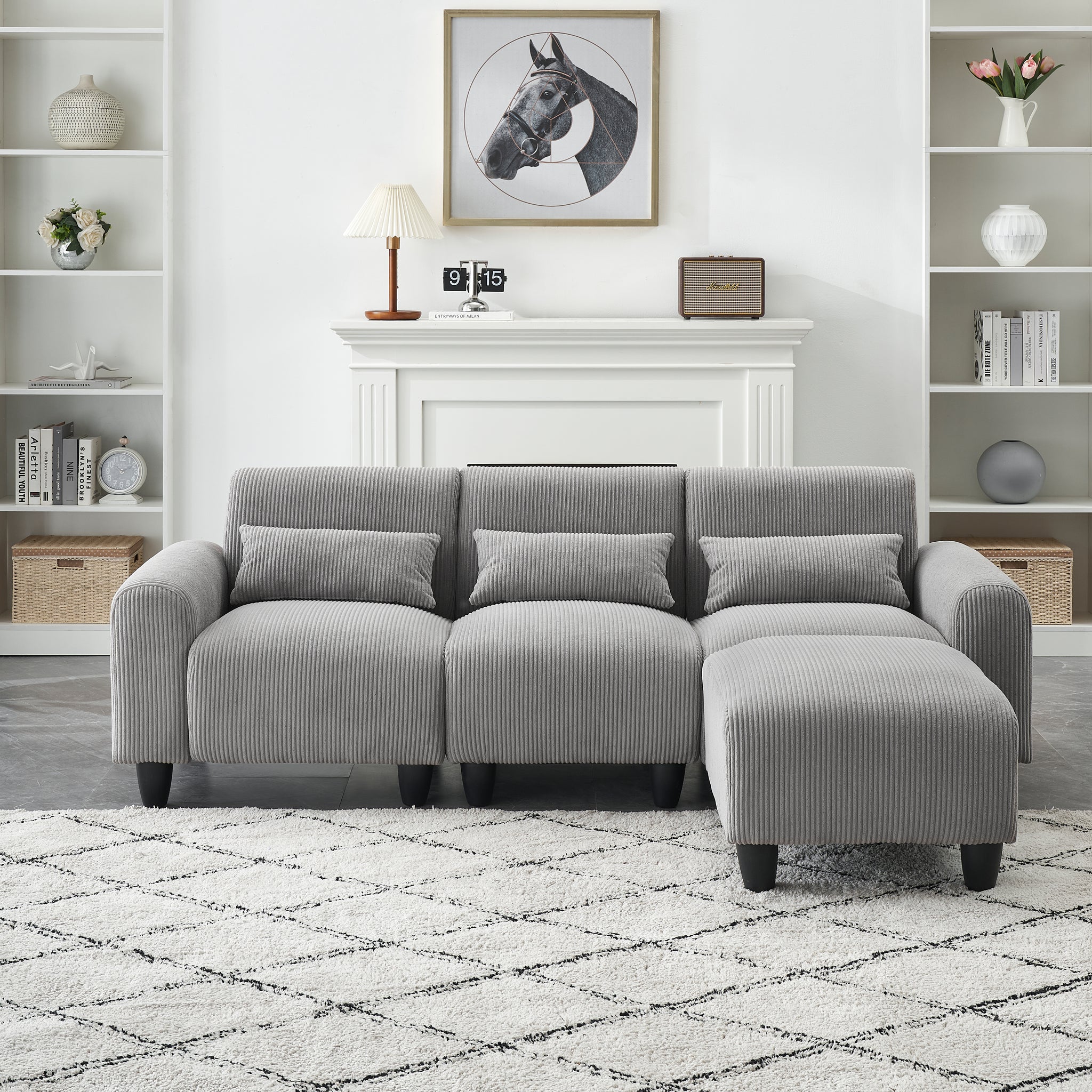 84.60 Inches Long, Corduroy Sofa Fabric, With 4 Matching Toss Pillows And 3 Seater Couch For Modern Living Room Gray Corduroy 3 Seat