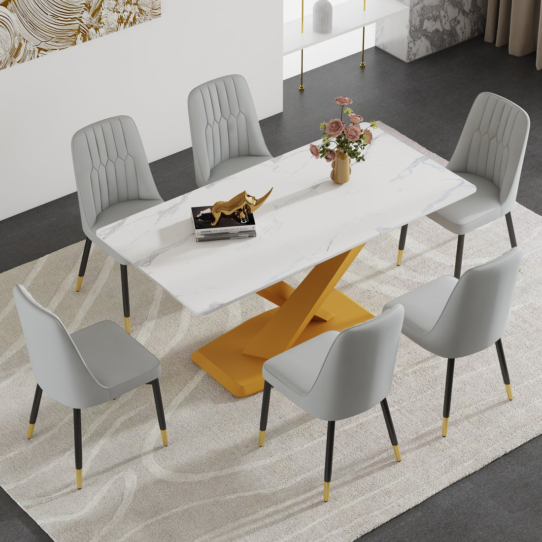 Table And Chair Set.The Table Is Equipped With A Marble Patterned Mdf Tabletop And Gold Table Legs.Paired With 6 Light Gray Chairs With Pu Cushions And Black Metal Legs. Gold,Light Gray Seats 6 Mdf