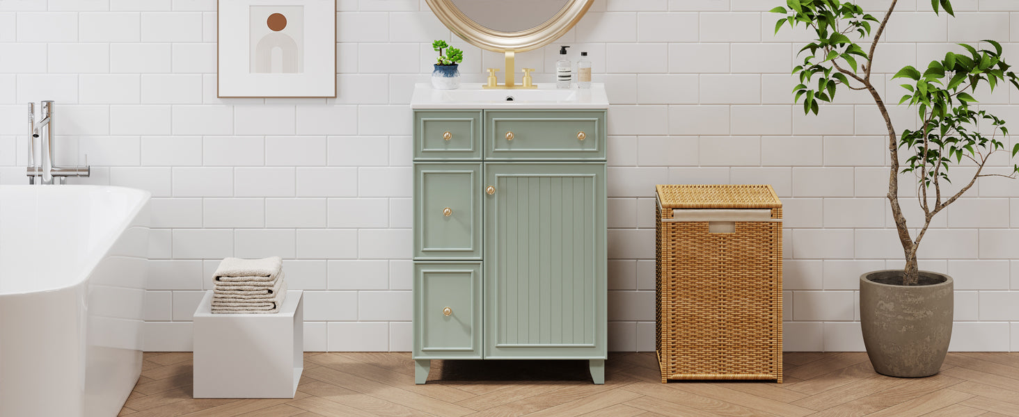 24 Inch Bathroom Vanity Cabinet With Ceramic Sink, 2 Drawers, 1 Door Green Bathroom Solid Wood Mdf