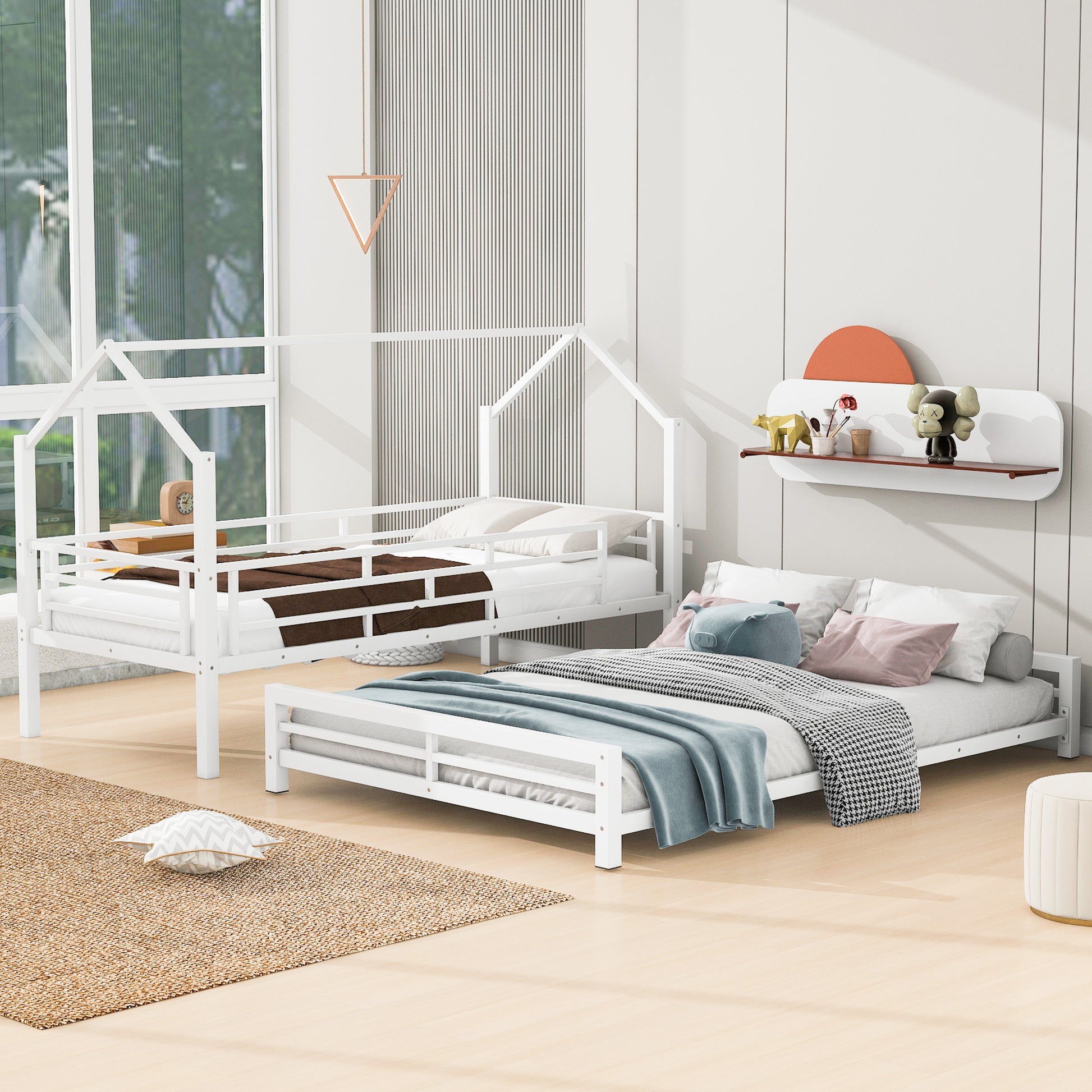 Metal House Bunk Bed, Twin Over Full, White Full White Metal