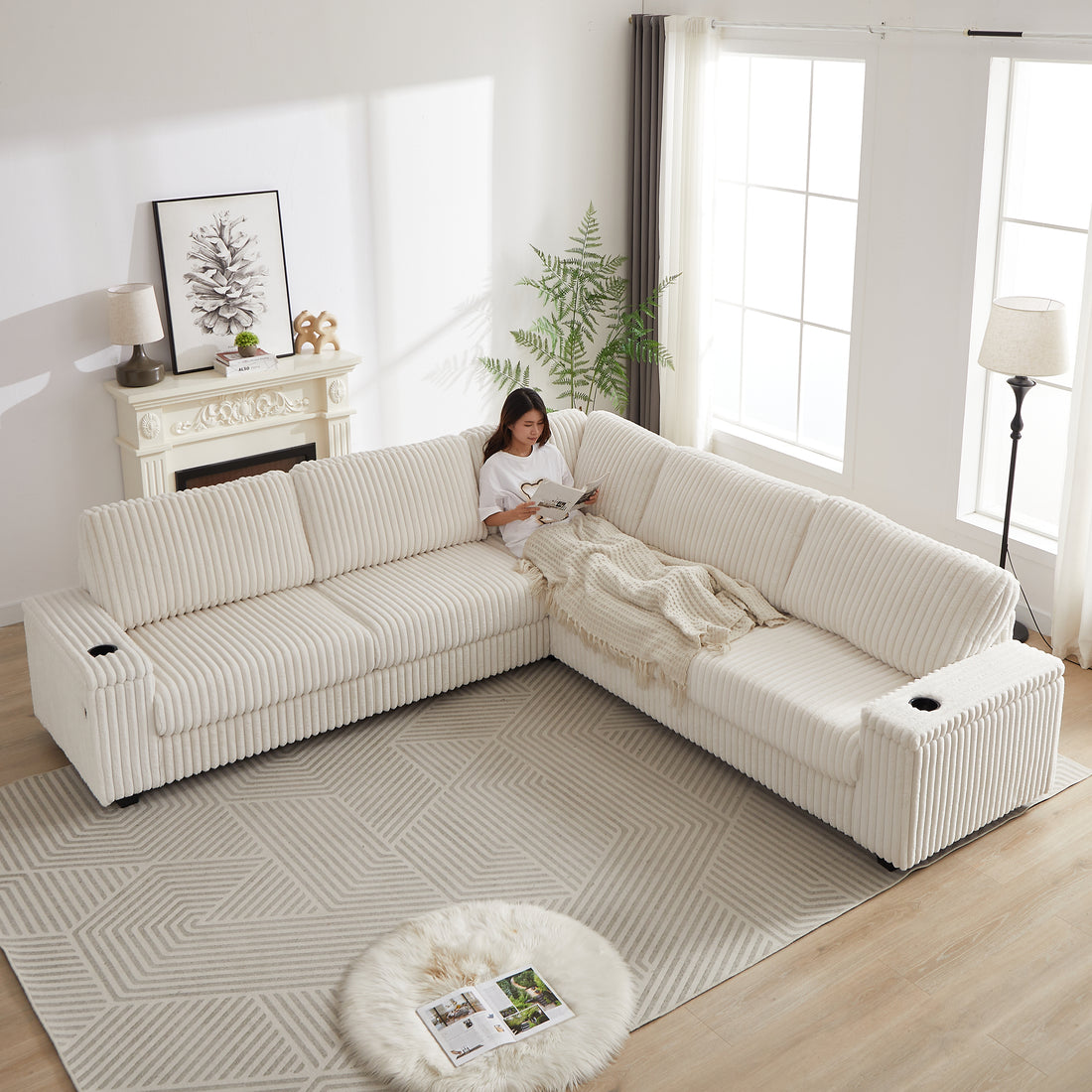 110 Inch Oversized Corduroy Corner Sofa,L Shaped Corner Couch With Two Storage Spaces,Usb Port & T Pyce Port And Cup Holderdeep Seat Comfy Upholstered Couches For Living Room Not Freely Combinable Beige Corduroy 5 Seat