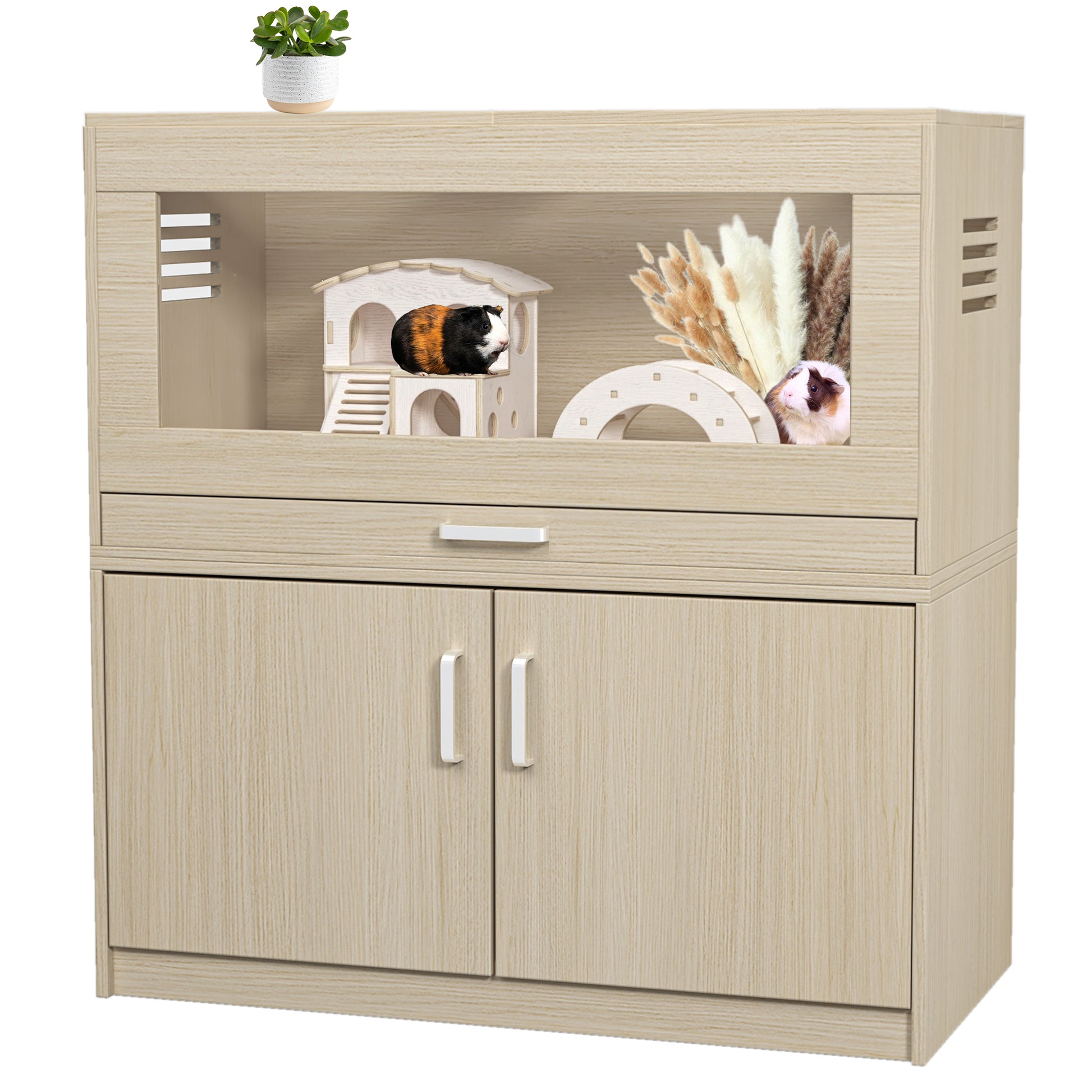 Hamster Cage,Rat Cage Wood With Independent Storage Cabinet,House For Chinchilla With Guinea Pig Hutch And Bridge,Easy View Acrylic Panels,Living Habitat X Large 31.50" L X 15.75" W X 32.28" H Teak Wood