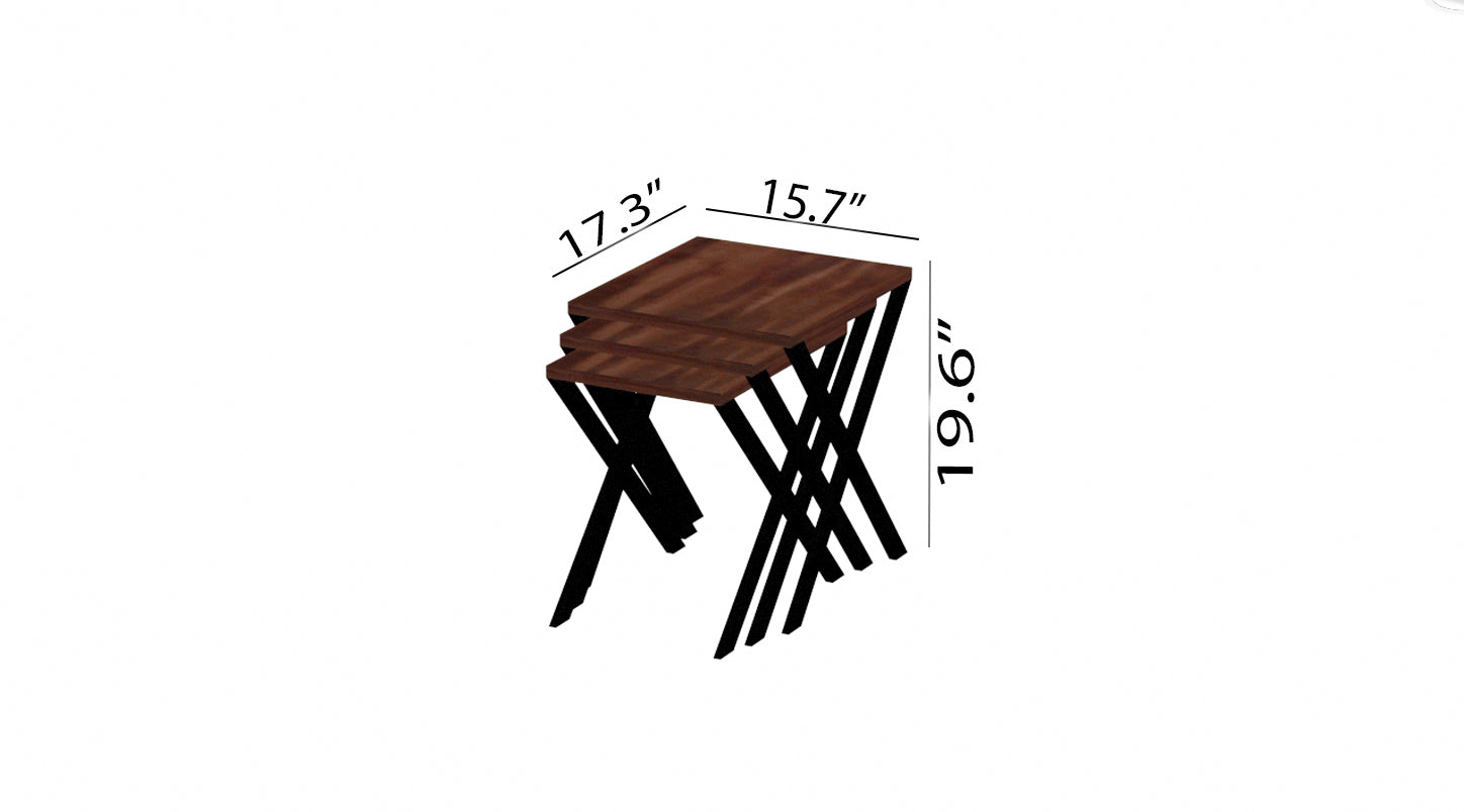 Kira Nesting Table 3 Pieces, Metal Legs Wood Base Nesting Table, Walnut Walnut Brown Contemporary Rectangular Wood