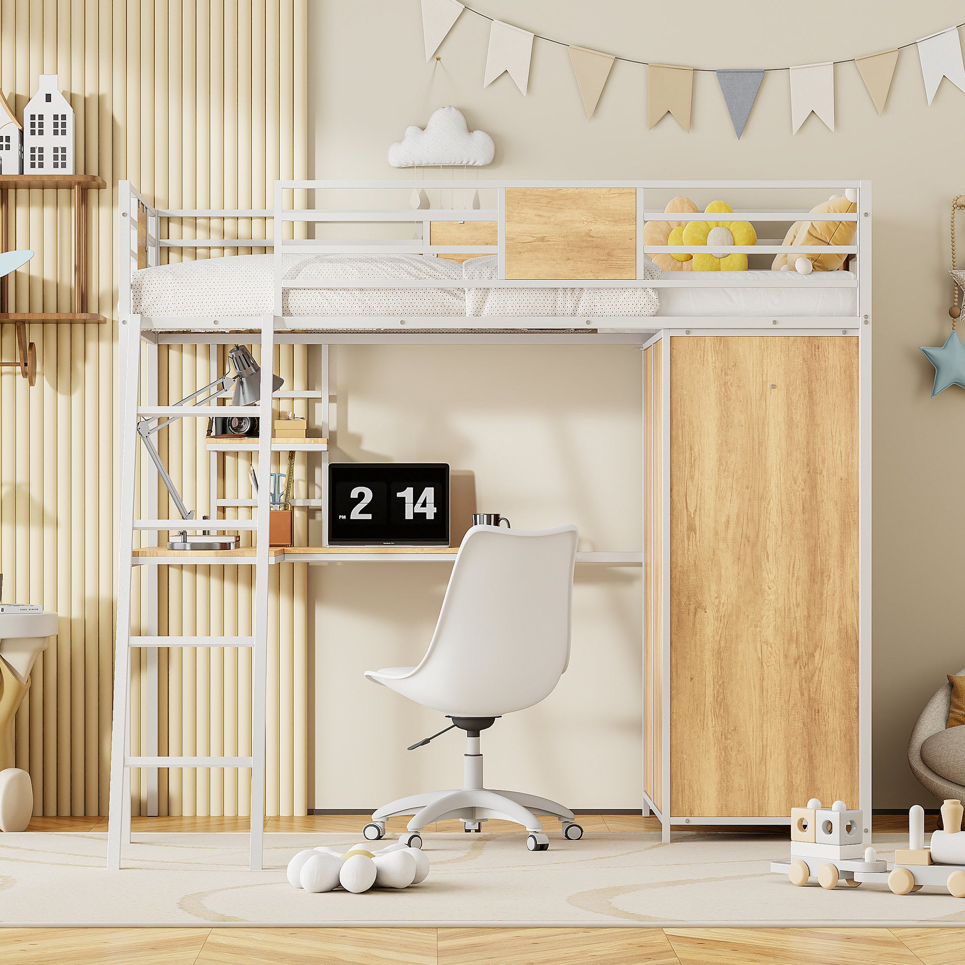 Twin Size Loft Bed With L Shape Desk And Wardrobe, White Twin White Metal & Wood