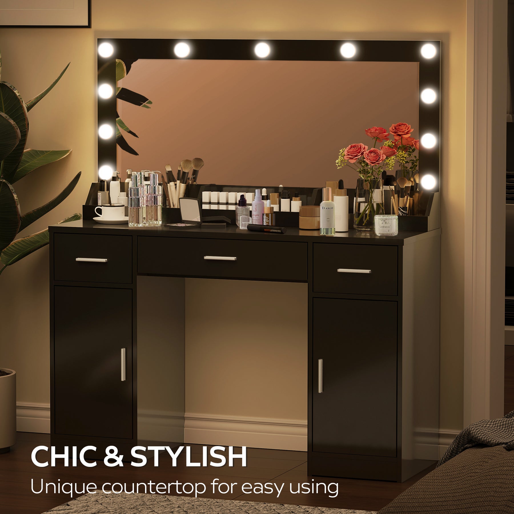 47.2"Vanity Desk With Large Mirror, 3 Colour Lighting Modes, Adjustable Brightness, Dresser With 3 Drawers & 2 Vertical Cabinets, Makeup Vanity Table For Women & Girls Black Black Particle Board