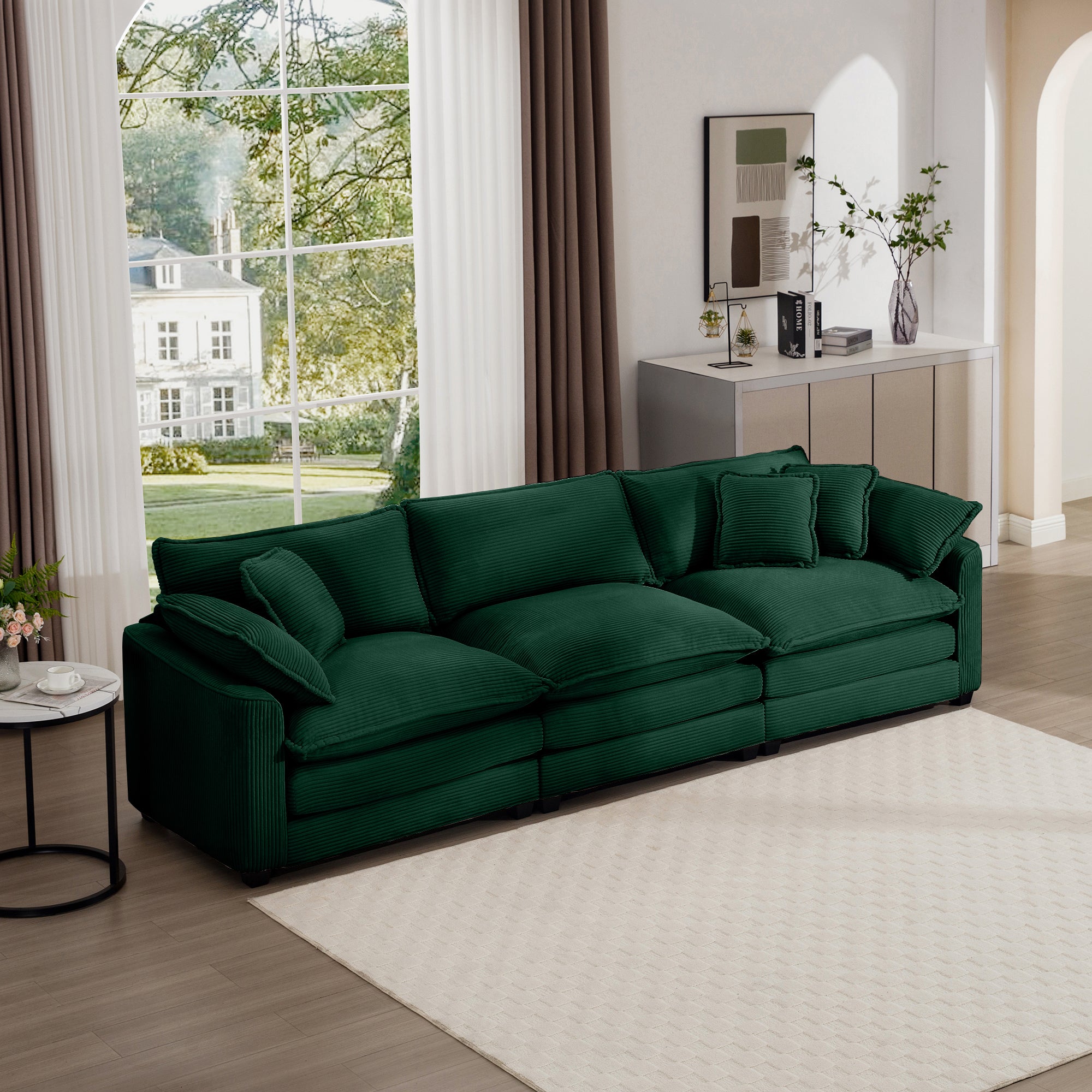 Mid Century Modern Sectional Sofa 3 Seater Sectional Sofa With 2 Arm Pillows And 3 Pillows, Living Room Sectional Green Corduroy Fabric Green Corduroy 3 Seat