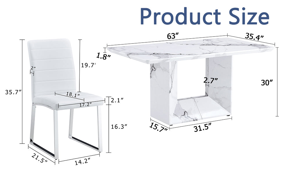 Table And Chair Set.63"X35.4" White Marble Patterned Mdf Dining Table Set With 4 Armless White Pu Chairs.The Backrest Of The Dining Chair Is Designed With Multiple Horizontal Stripes. White Seats 4