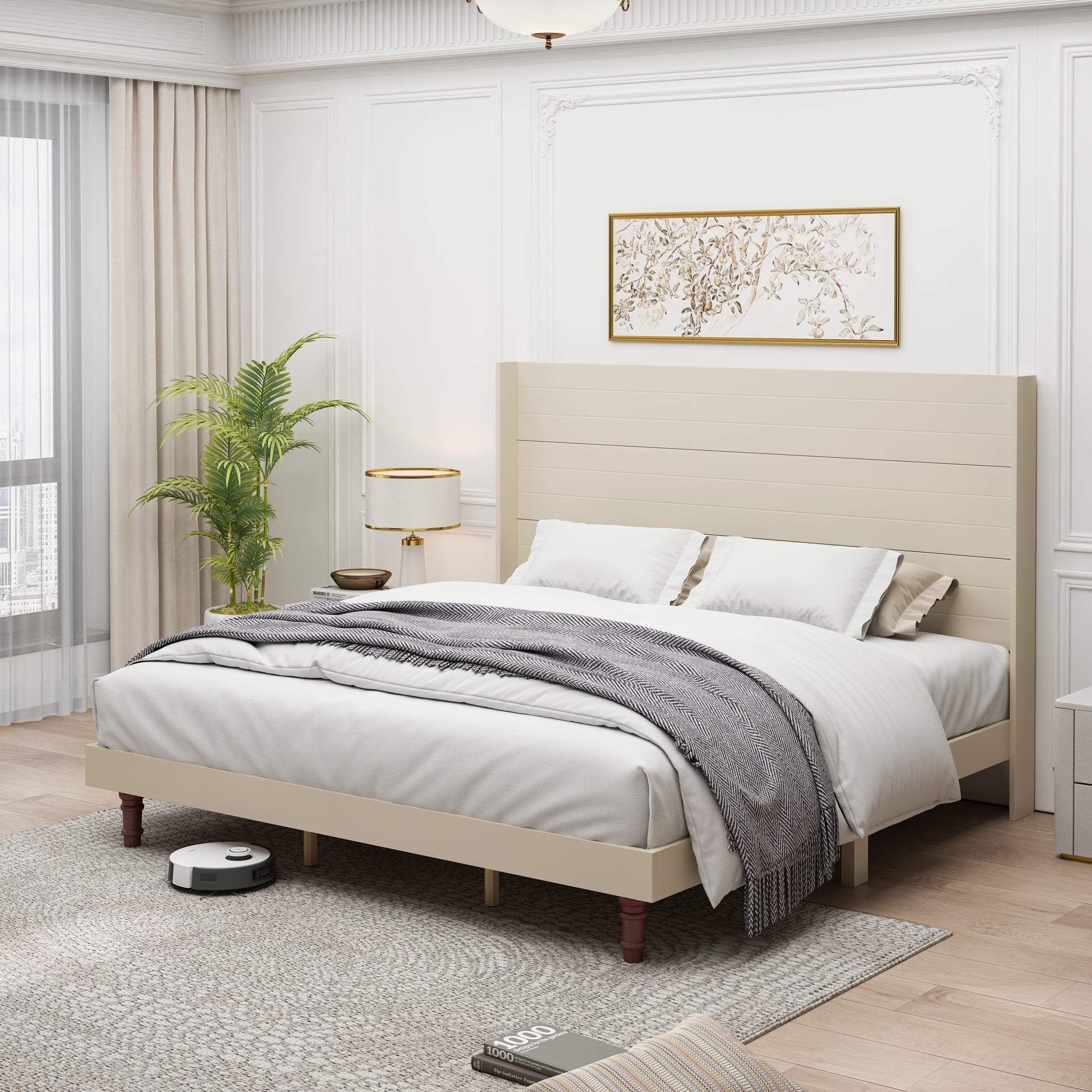 Stylish High Headboard Bed, 54 "High Headboard, High Quality, Comfortable High Back Design Ideal For Reading Or Relaxing, King Size, Beige Box Spring Not Required Beige Mdf