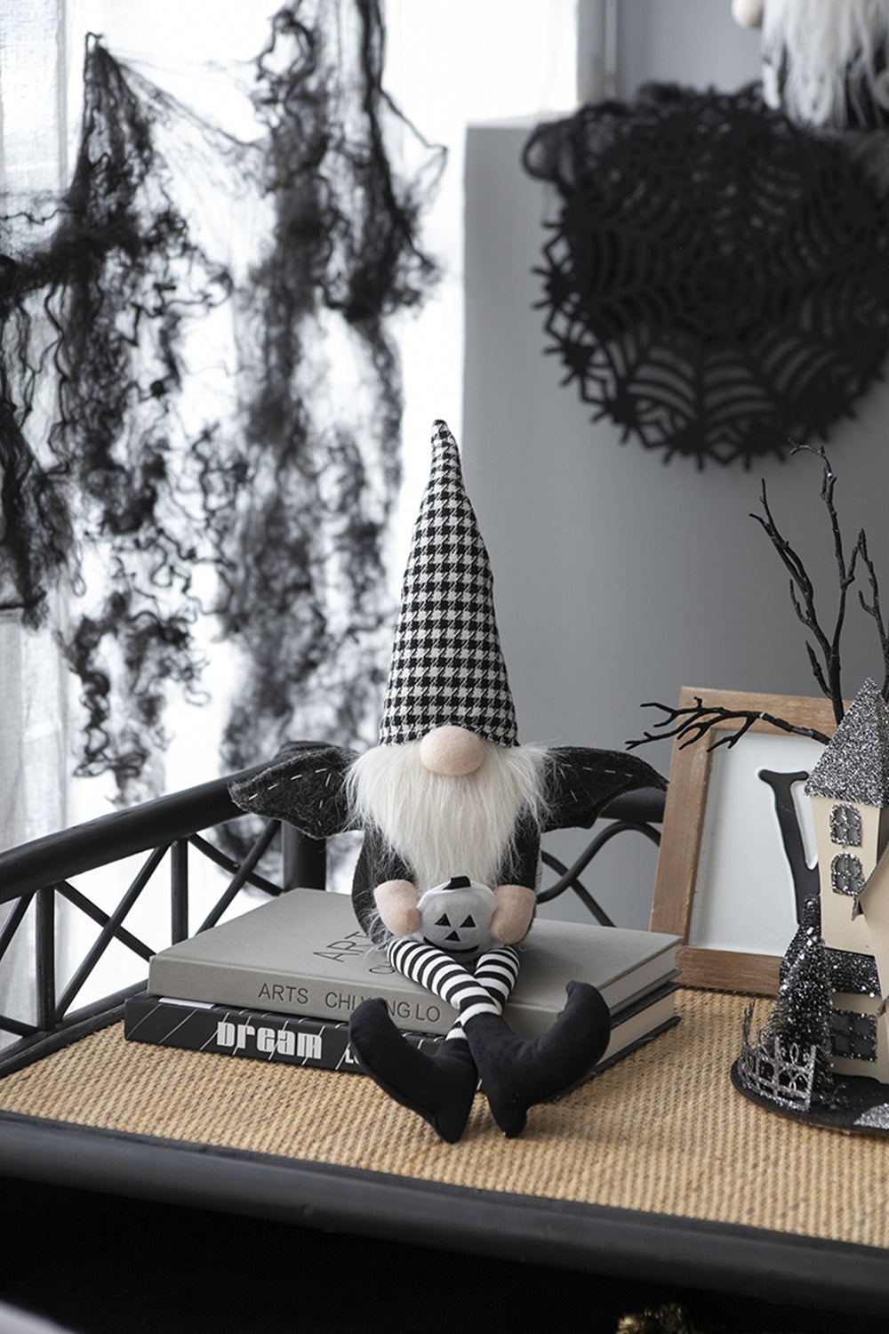 Set Of 2, 4.3X3.5X23.5" Fabric Sitting Black Gnome With Wings & Black White Plaid Hat, For Halloween Decor Black White Polyester