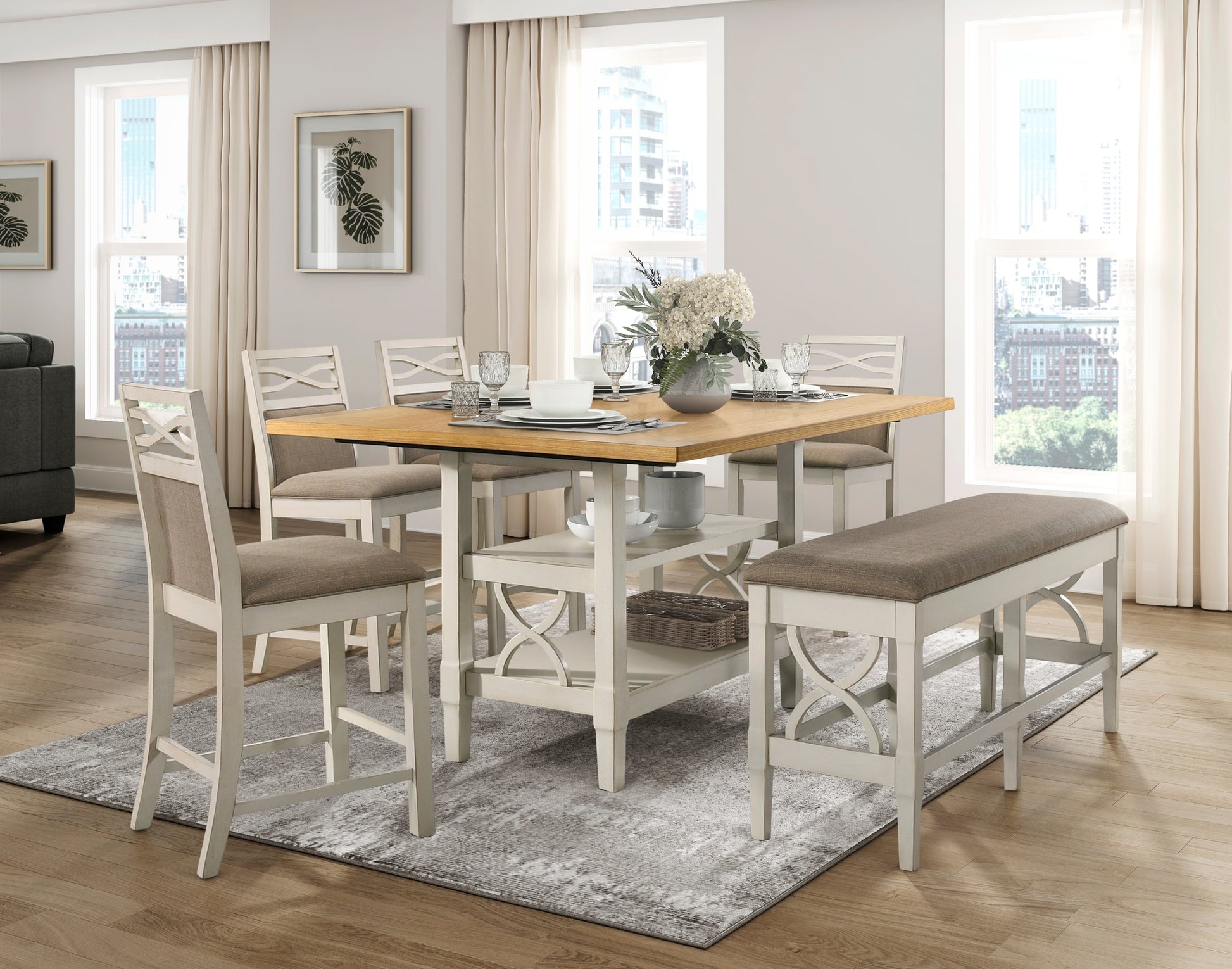 1Pc Counter Height Table Base With 2 Shelves, Light Oak And Gray Finish Casual Country Style Dining Wooden Kitchen Furniture Gray,Light Oak Seats 6 Dining Room Kitchen & Dining Tables Rectangular Wood