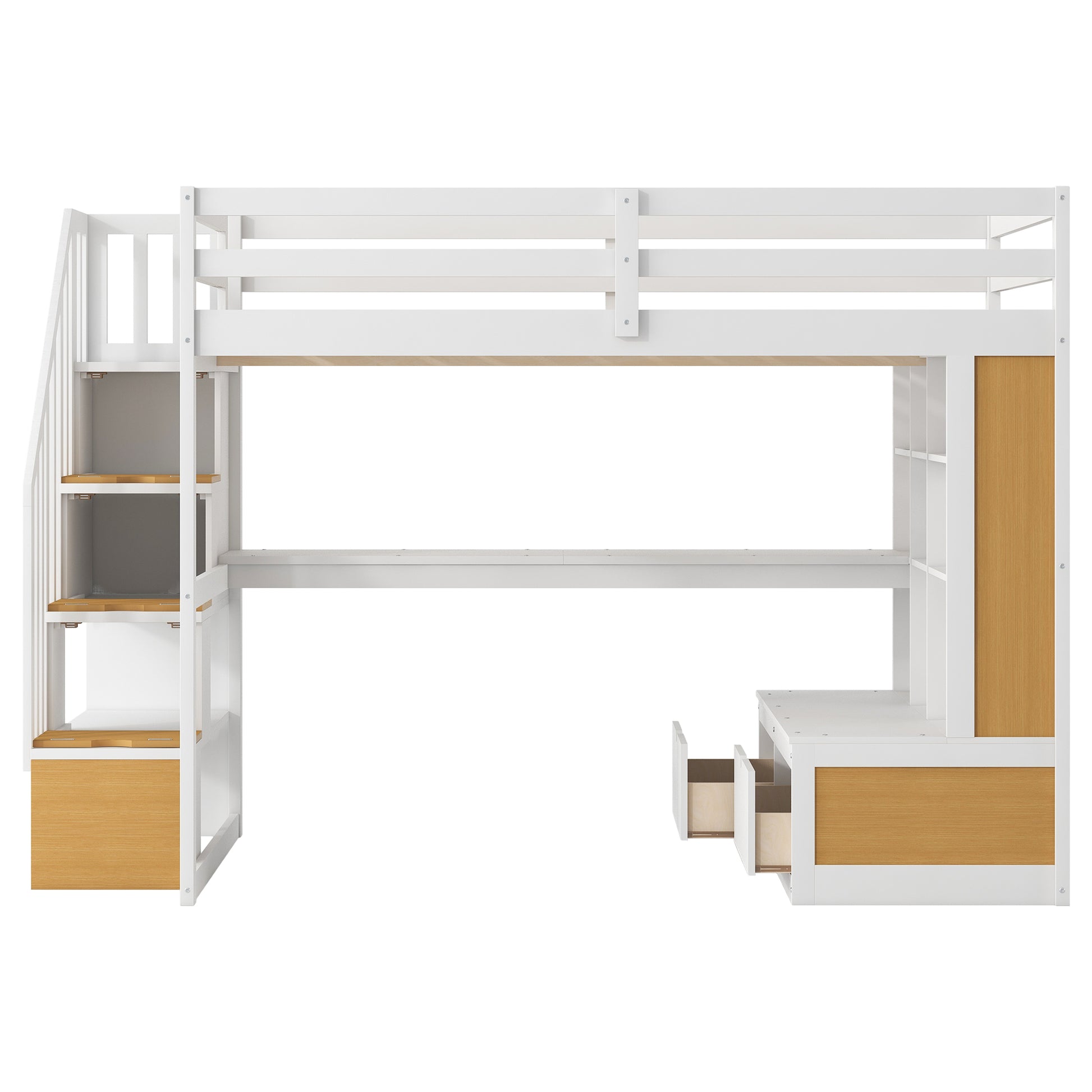 Full Size Loft Bed With Desk And Shelves, Two Built In Drawers, Storage Staircase, White And Natural Full Natural White Plywood,Solid Wood Mdf