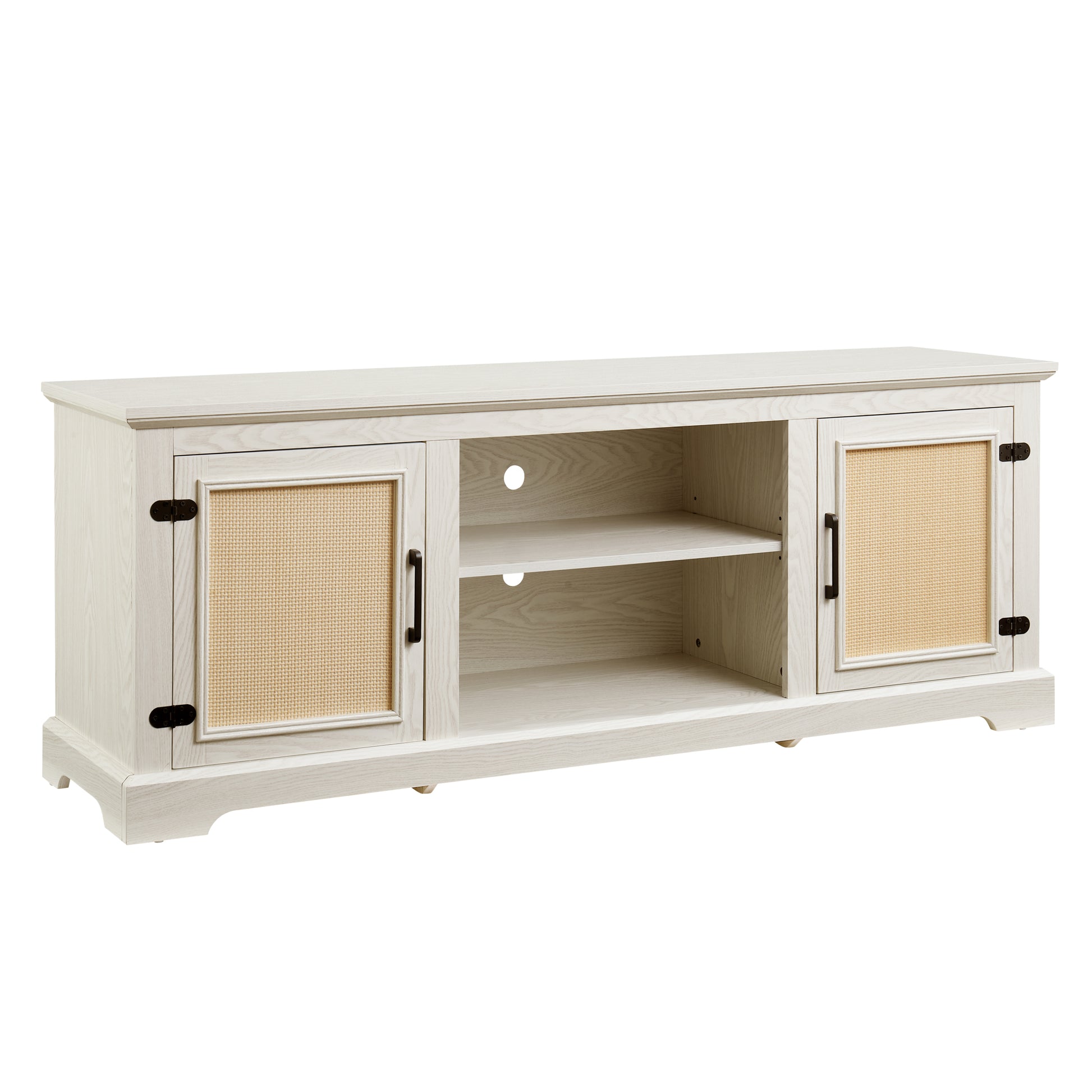 Farmhouse Rattan Tv Stand Console Table For Tvs Up To 70 Inches, Tv Console Table With 2 Storage Shelves, 2 Natural Rattan Door Cabinets,65"W*15.55"D*23.86"H, White Antique White 70 79 Inches Mdf