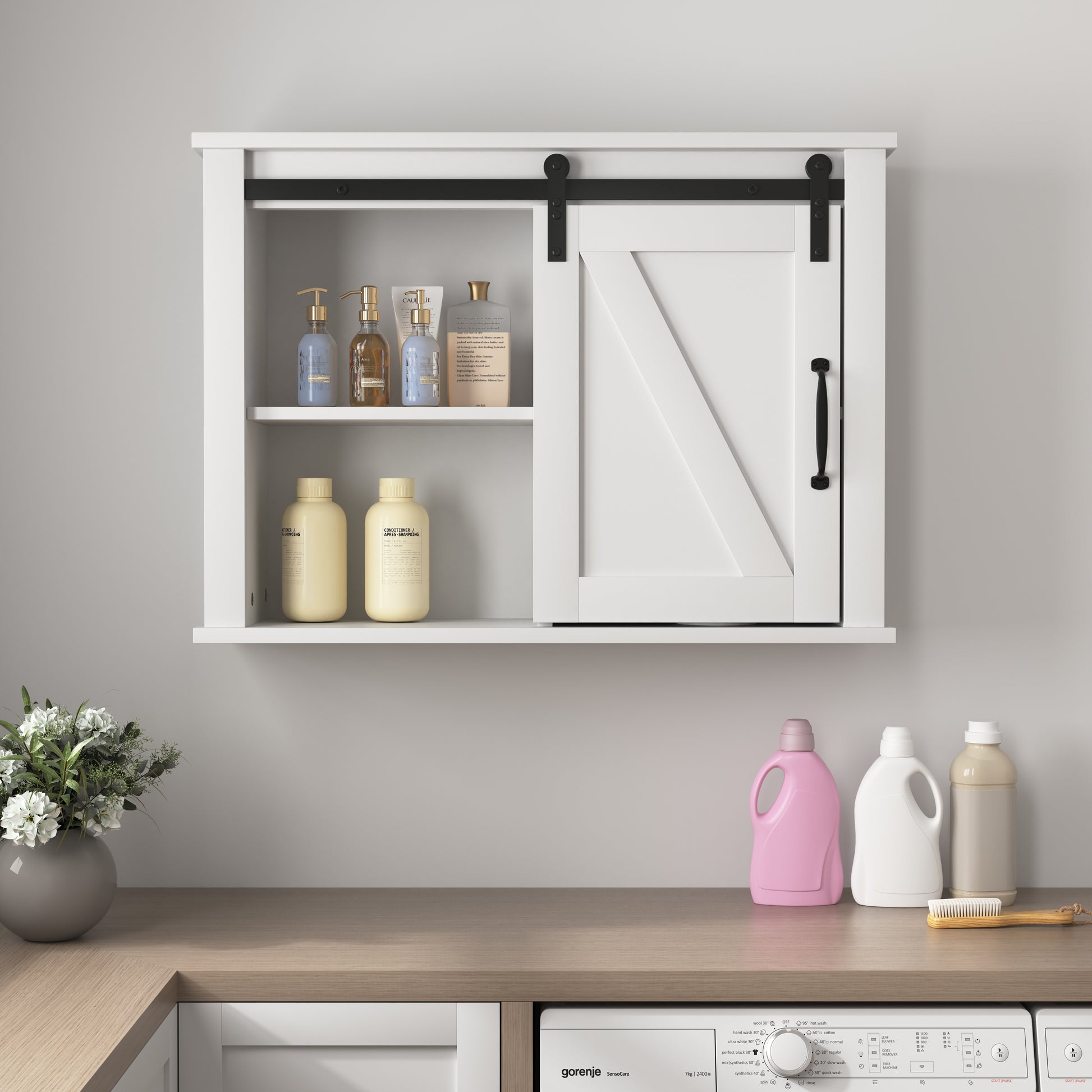 Bathroom Wall Cabinet With 2 Adjustable Shelves Wooden Storage Cabinet With A Barn Door 27.16X7.8X19.68 Inch White Mdf