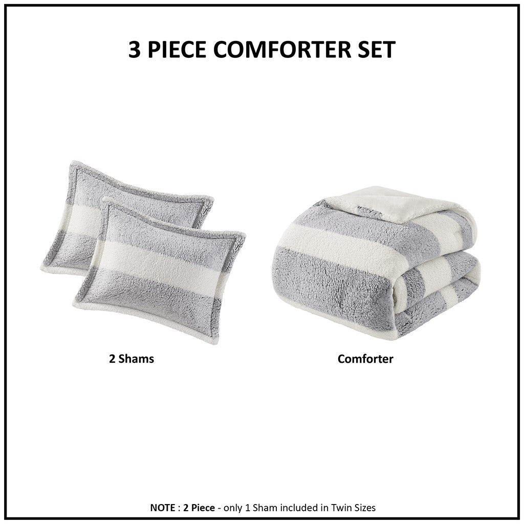 Sherpa Comforter Set King Grey Ivory Polyester