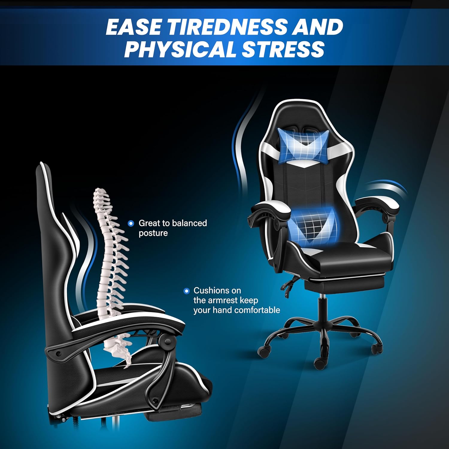Gaming Chair With Footrest, Big And Tall Gamer Chair, Racing Style Adjustable Swivel Office Chair, Ergonomic Video Game Chairs With Headrest And Lumbar Support White Black Faux Leather
