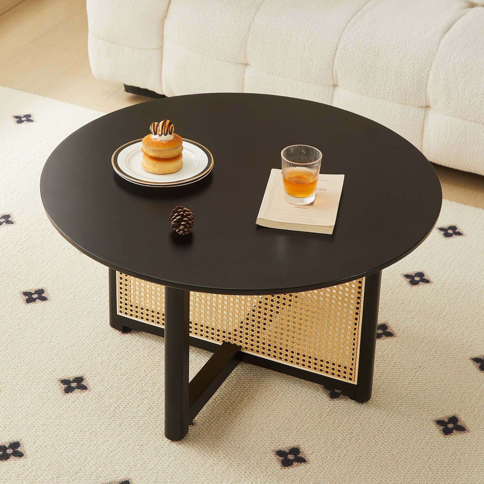 Mid Century Wooden Coffee Table With Pe Cane Stand, 31.5 Inch Round Solid Wood Bohemian Style Coffee Table, Unique Central Cocktail Table For Living Rooms, Apartments And Offices Black Rubber Wood