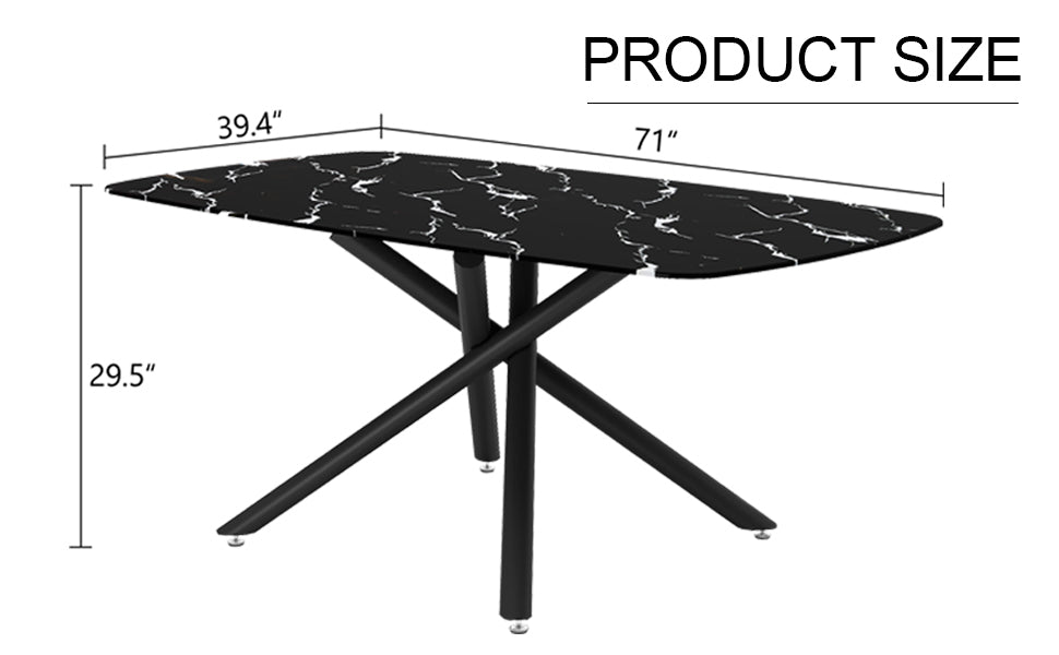 Large Modern Minimalist Rectangular Dining Table With 0.39 "Imitation Marble Black Tabletop And Black Metal Legs, Suitable For Kitchen, Dining Room, Living Room, Conference Room, And Banquet Hall 1537 Black Glass Metal