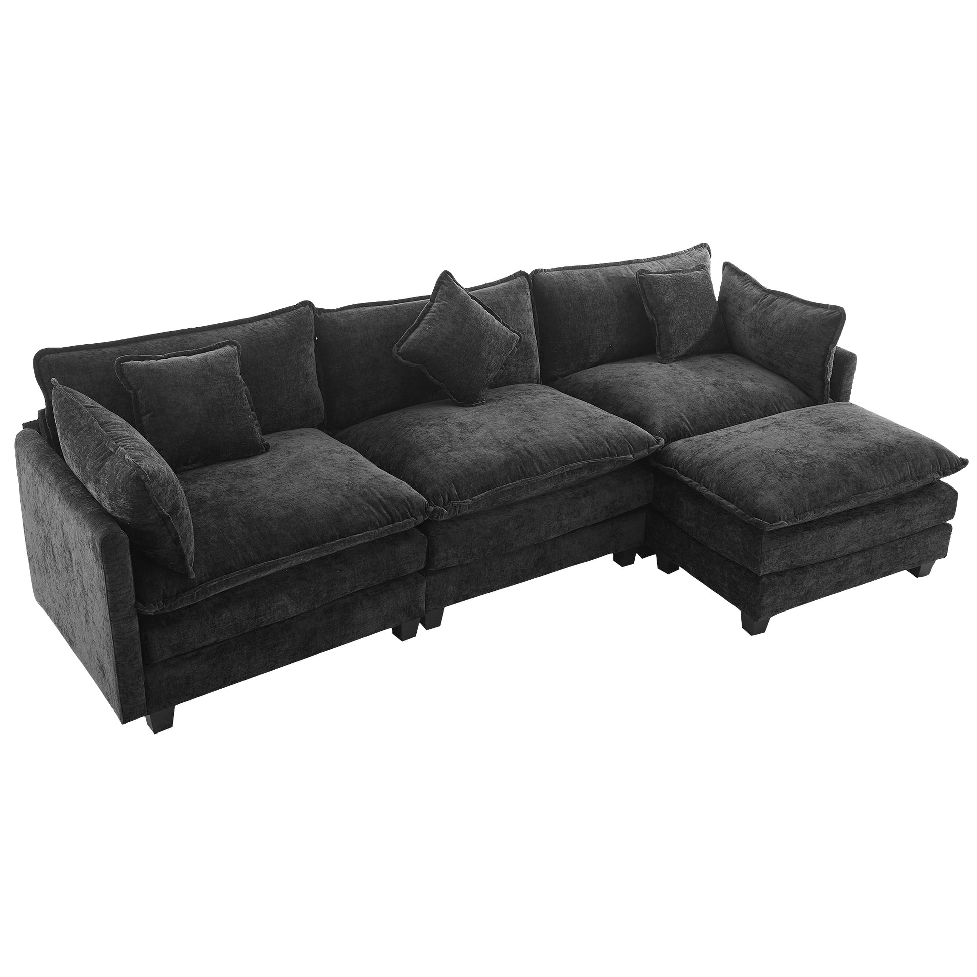 112.2" L Shape Chenille Upholstered Sofa For Living Room Modern Luxury Sofa Couch With Ottoman And 5 Pillows For Living Room Sg001160Aa , Black Black Foam 4 Seat