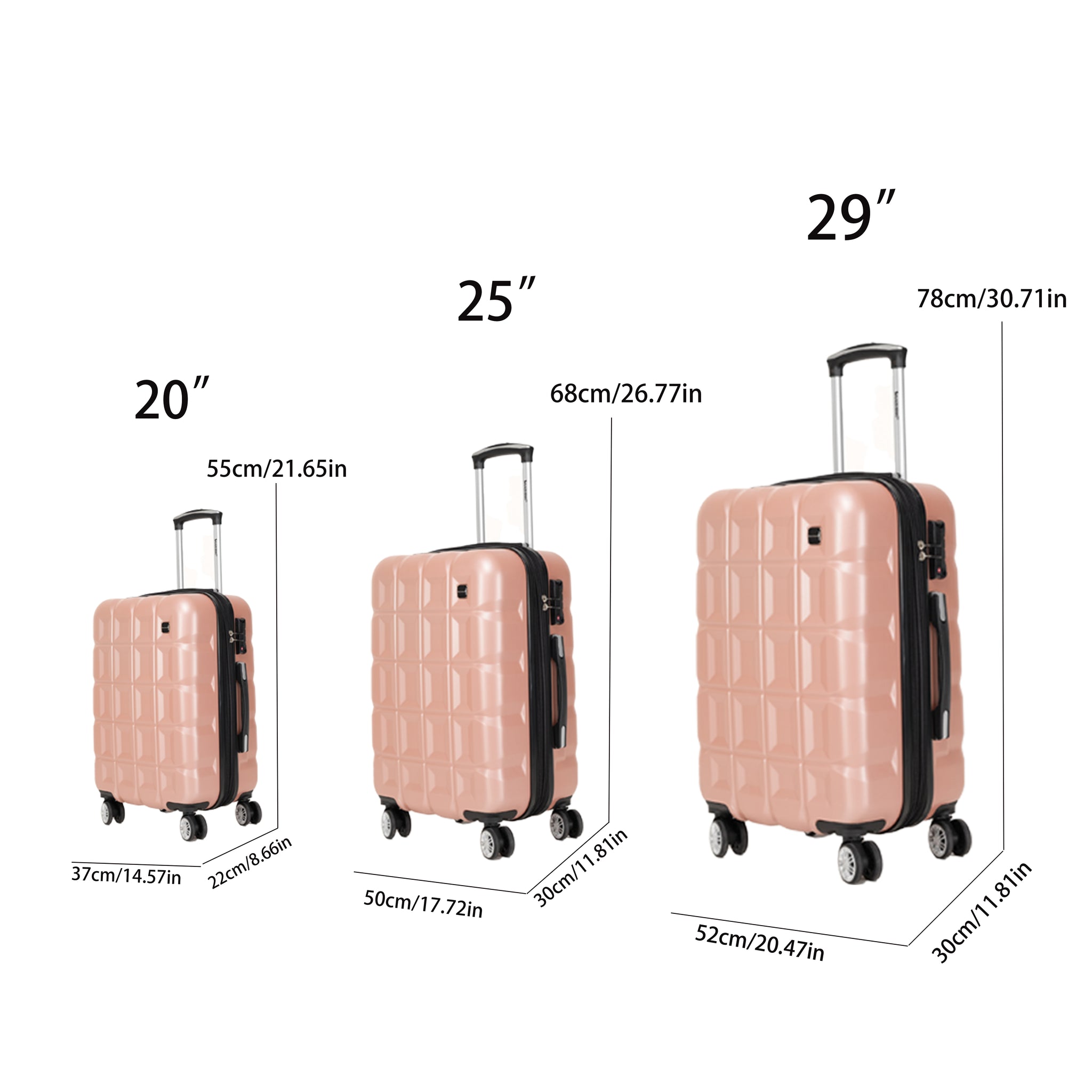 3 Piece Luggage Set, Ravel Abs Lightweight Luggage With 4 Universal Wheel Password Locks Ykk Zippers 20 Inches 25 Inches 29 Inches Rose Gold Abs