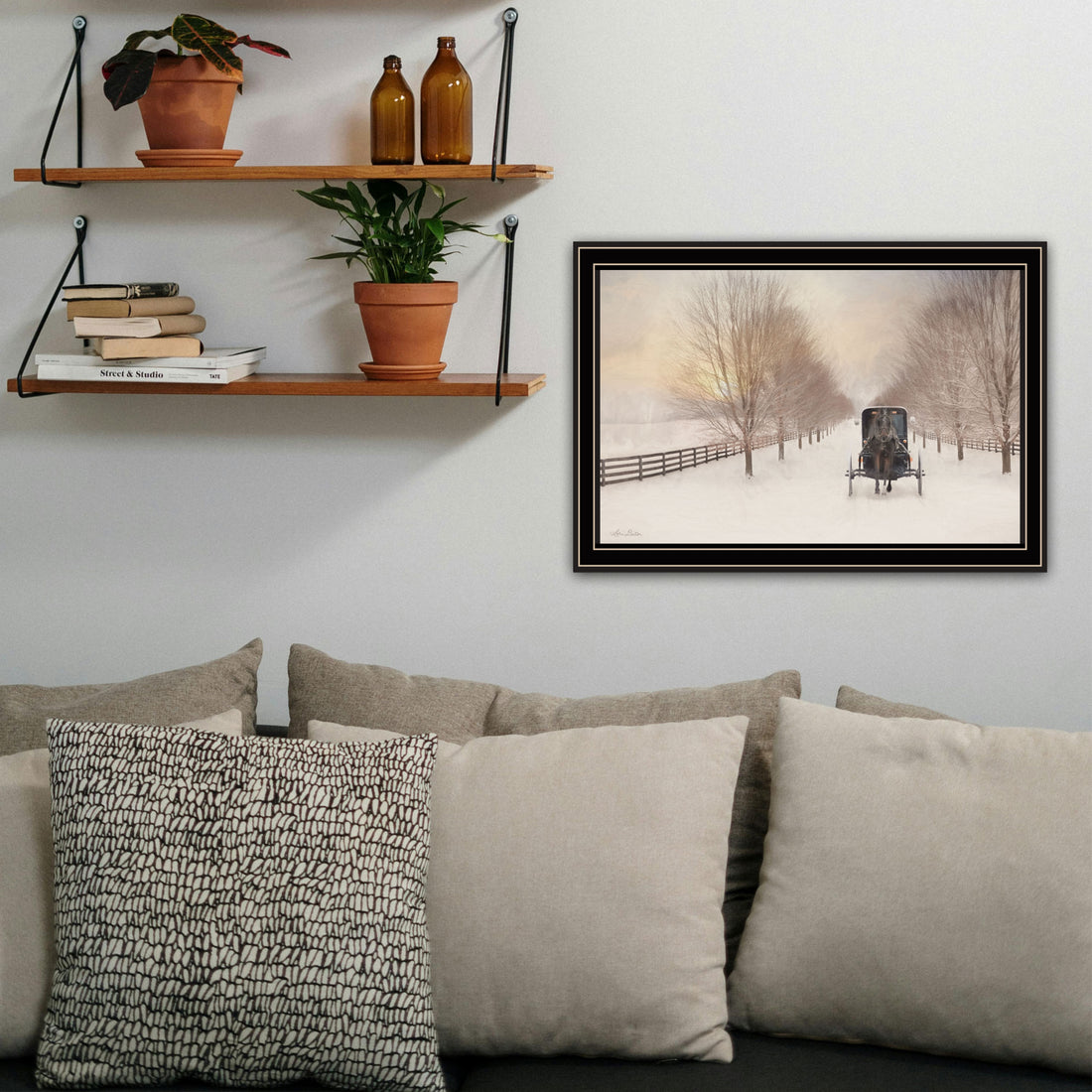 Snowy Amish Lane Black Framed Wall Art For Living Room, Bedroom Wall Art Print For Home Decor By Lori Deiter Multi Wood Paper