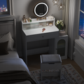 White Vanity Desk With 360 Rotated Mirror And Adjustable Lights, Girls Makeup Vanity Table With Storage Chair And Side Cabinet With Waveform Glass Doors, Dressing Table With Drawer For Bedroom