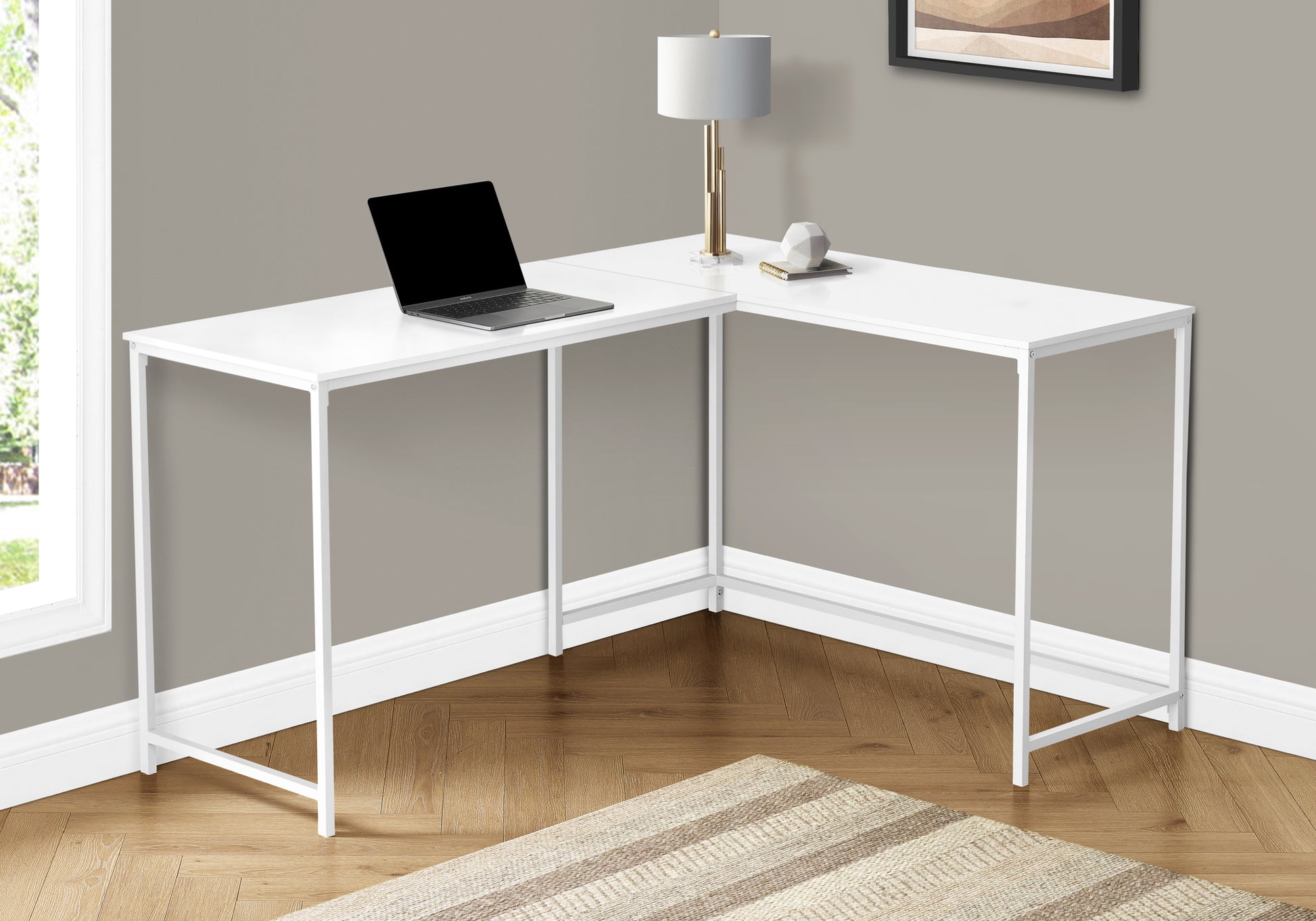 Computer Desk, Home Office, Corner, 58"L, L Shape, Work, Laptop, White Laminate, White Metal, Contemporary, Modern White Particle Board