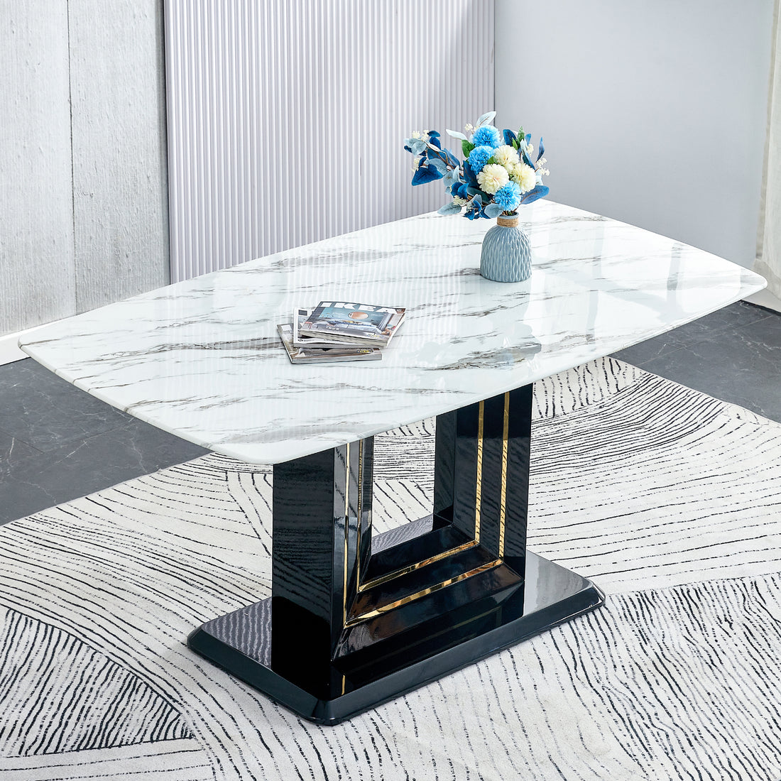 63" Dining Table, Luxurious Dining Room Table With Faux Marble Top And U Shape Mdf Base, Modern Kitchen Dining Table For Kitchen Living Dining Room White Black Seats 6 Dining Room Luxury,Modern Mdf Glass