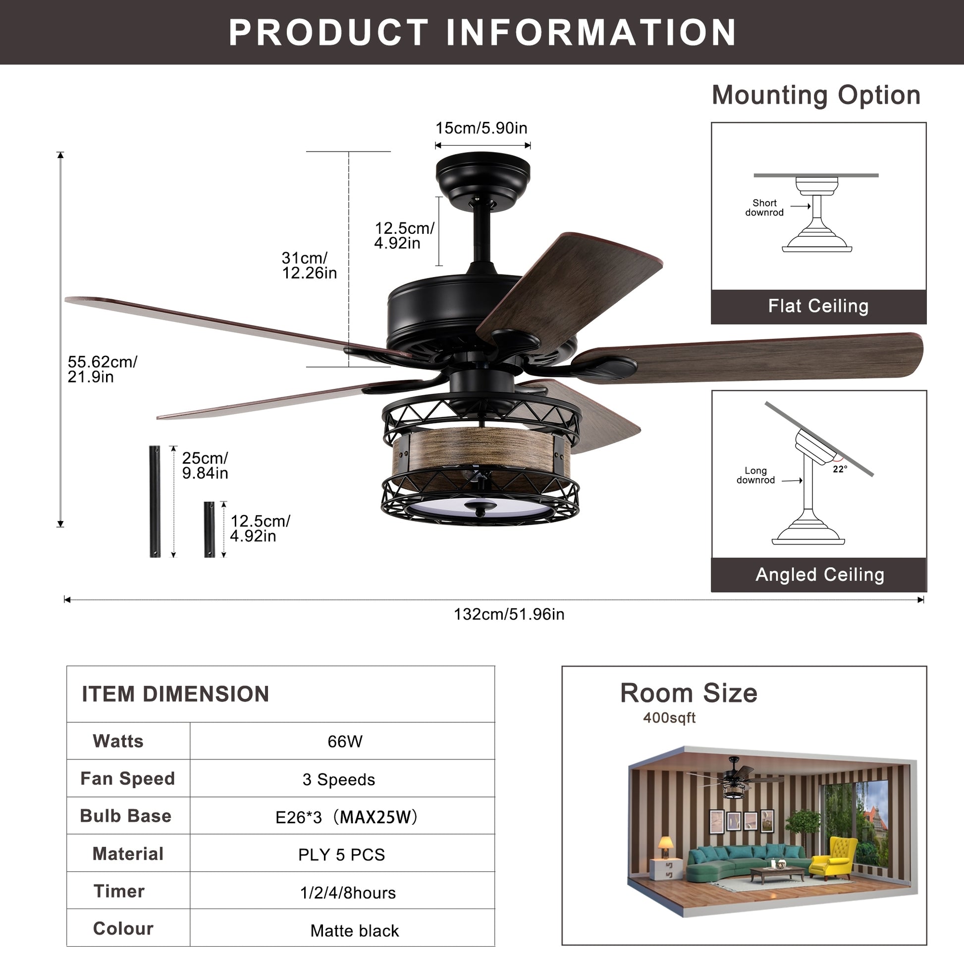 52 Inch Farmhouse 3 Lights Ceiling Fan With 5 Wood Blades, Two Color Fan Blade, Ac Motor, Remote Control, Reversible Airflow, Multi Speed, Adjustable Height, Traditional Ceiling Fa No Include Bulbs Matt Black American Design,American