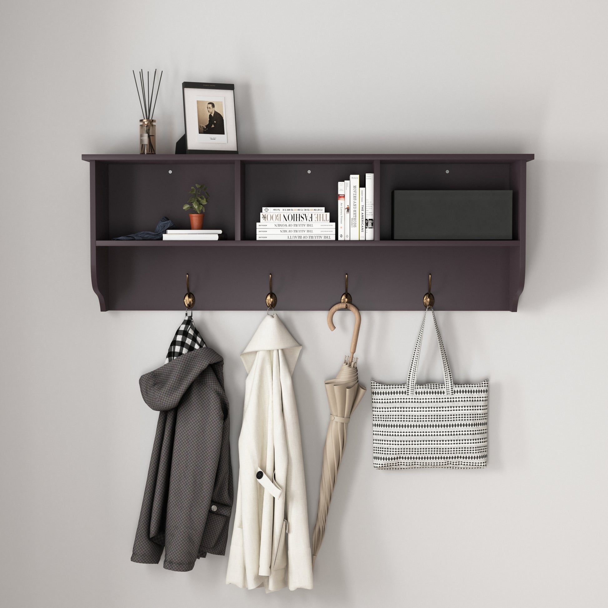 Espresso Entryway Wall Mounted Coat Rack With 4 Dual Hooks Living Room Wooden Storage Shelf Espresso Mdf