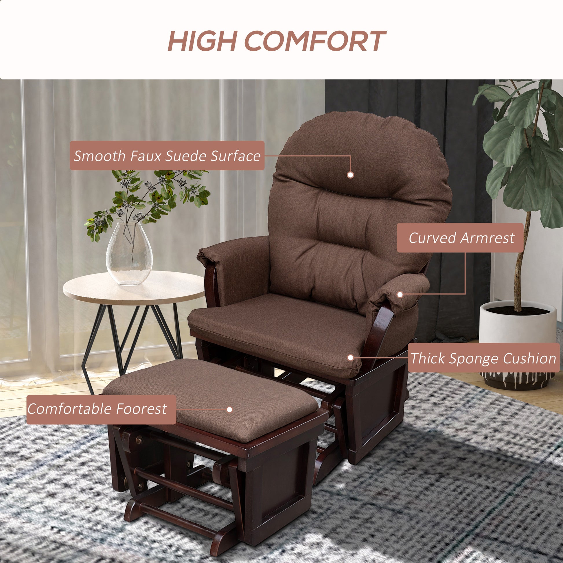 Homcom Nursery Glider Rocking Chair With Ottoman, Thick Padded Cushion Seating And Wood Base, Brown Brown Polyester