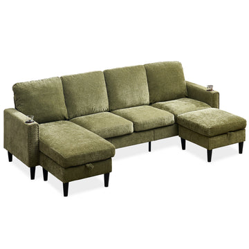 Chenille Sectional Sofa, U Shaped Sofa Couch With High Density Memory Foam, 4 Seat Comfy Modular Sofa Couch For Living Room, Modern U Shaped Sectional Sofa,U Shaped Green Green Chenille Metal