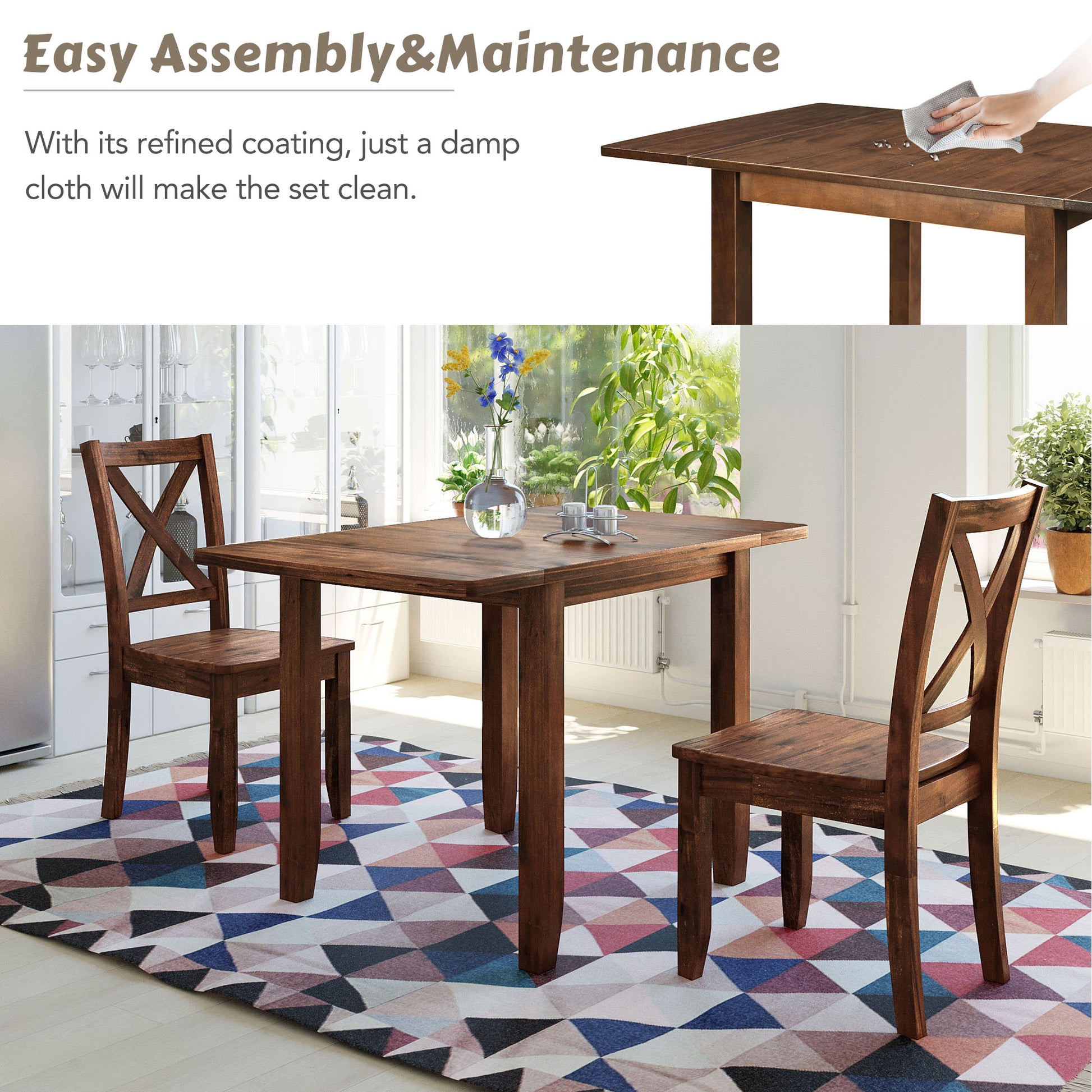 3 Piece Wood Drop Leaf Breakfast Nook Dining Table Set With 2 X Back Chairs For Small Places, Brown Brown Wood Dining Room Folding Rectangular Breakfast Nook Wood Wood Brown Ladder Back Seats 2 48