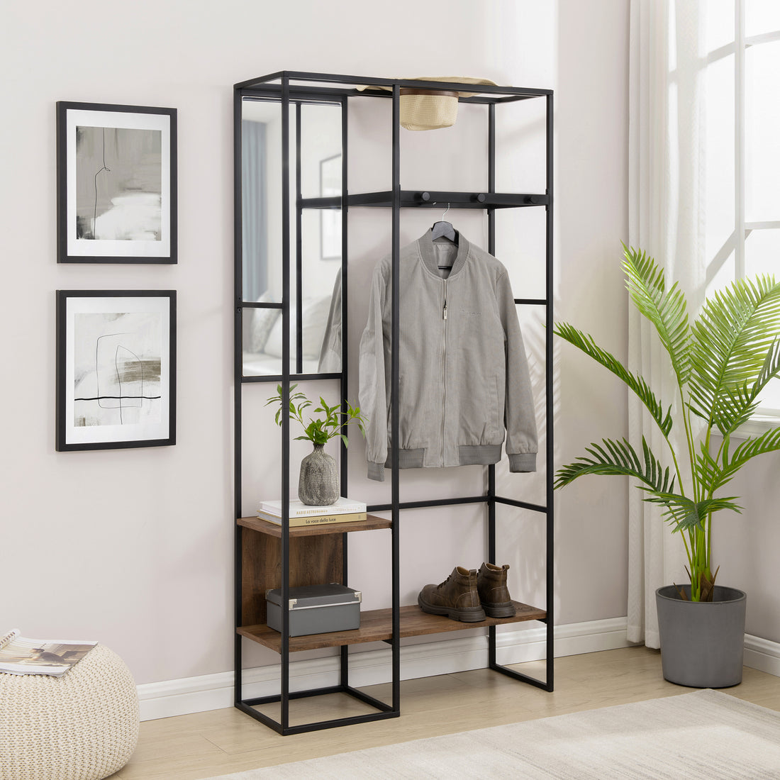Modern Metal And Wood Hall Tree With Hanging Storage Rustic Oak Oak Mdf Mdf