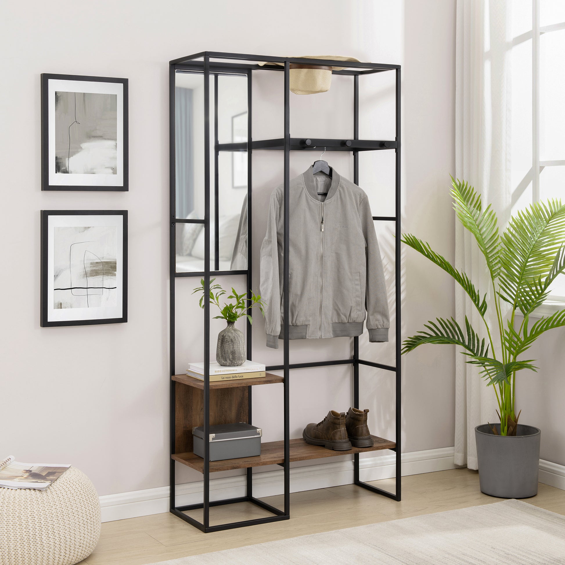 Modern Metal And Wood Hall Tree With Hanging Storage Rustic Oak Oak Mdf Mdf