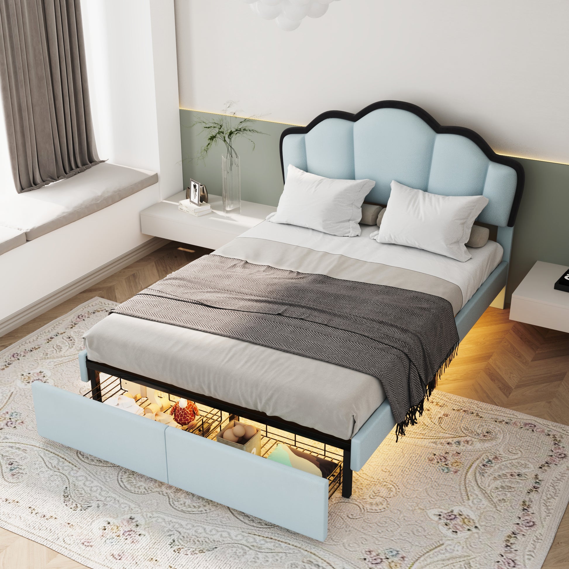 Full Size Upholstered Princess Platform Bed With Led And 2 Storage Drawers, Blue Box Spring Not Required Full Blue Wood Bathroom Bed Frame Velvet Upholstered