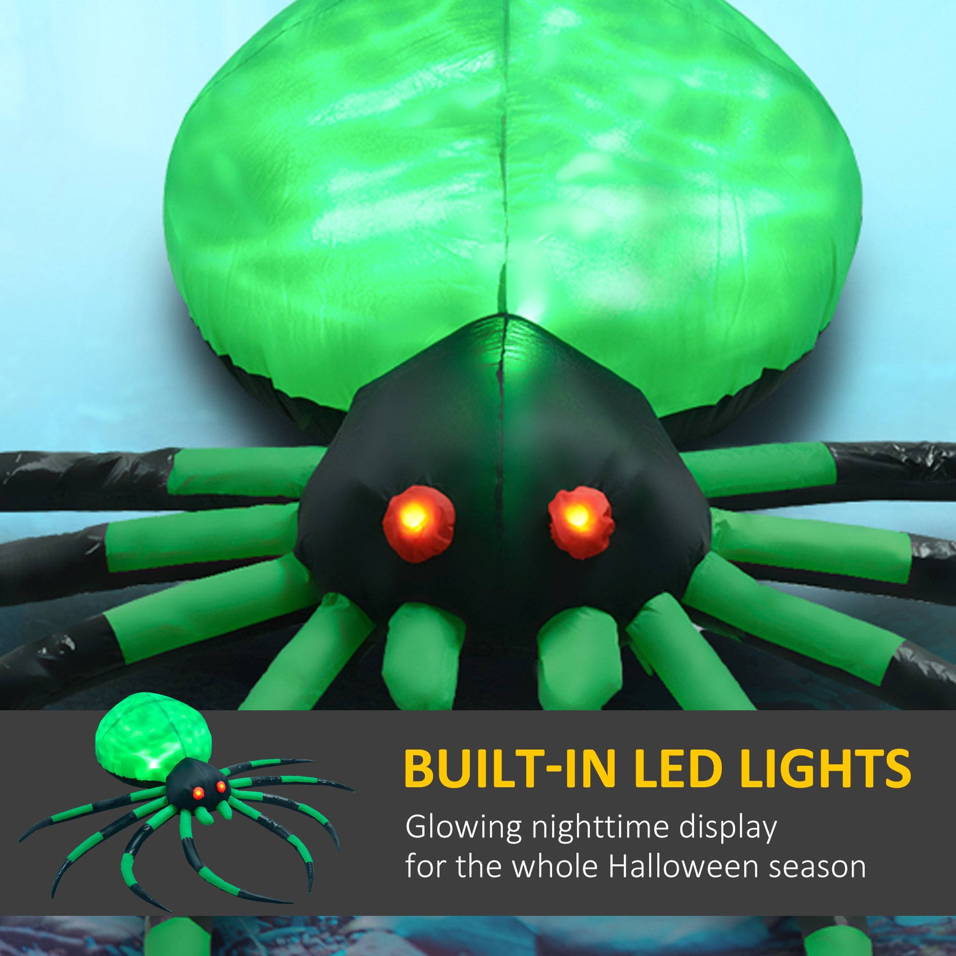 Homcom 6' Halloween Inflatable Outdoor Decoration Spider, Blow Up Led Yard Decor For Garden, Lawn, Party, Holiday, Waterproof Green Polyester