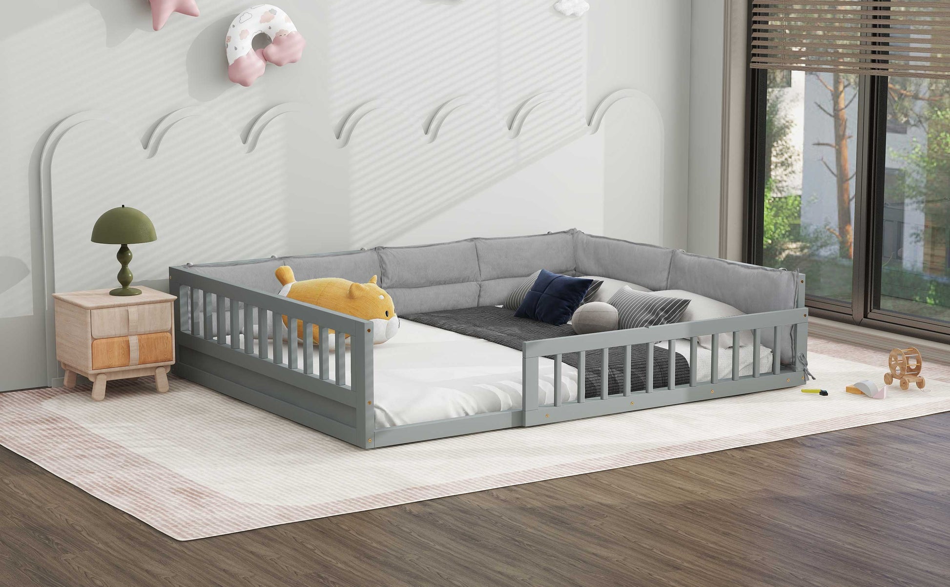 Wood Full Size Upholstered Platform Bed With Guardrail And Pillow, Gray Box Spring Not Required Full Gray Wood Bed Frame Solid Wood Mdf