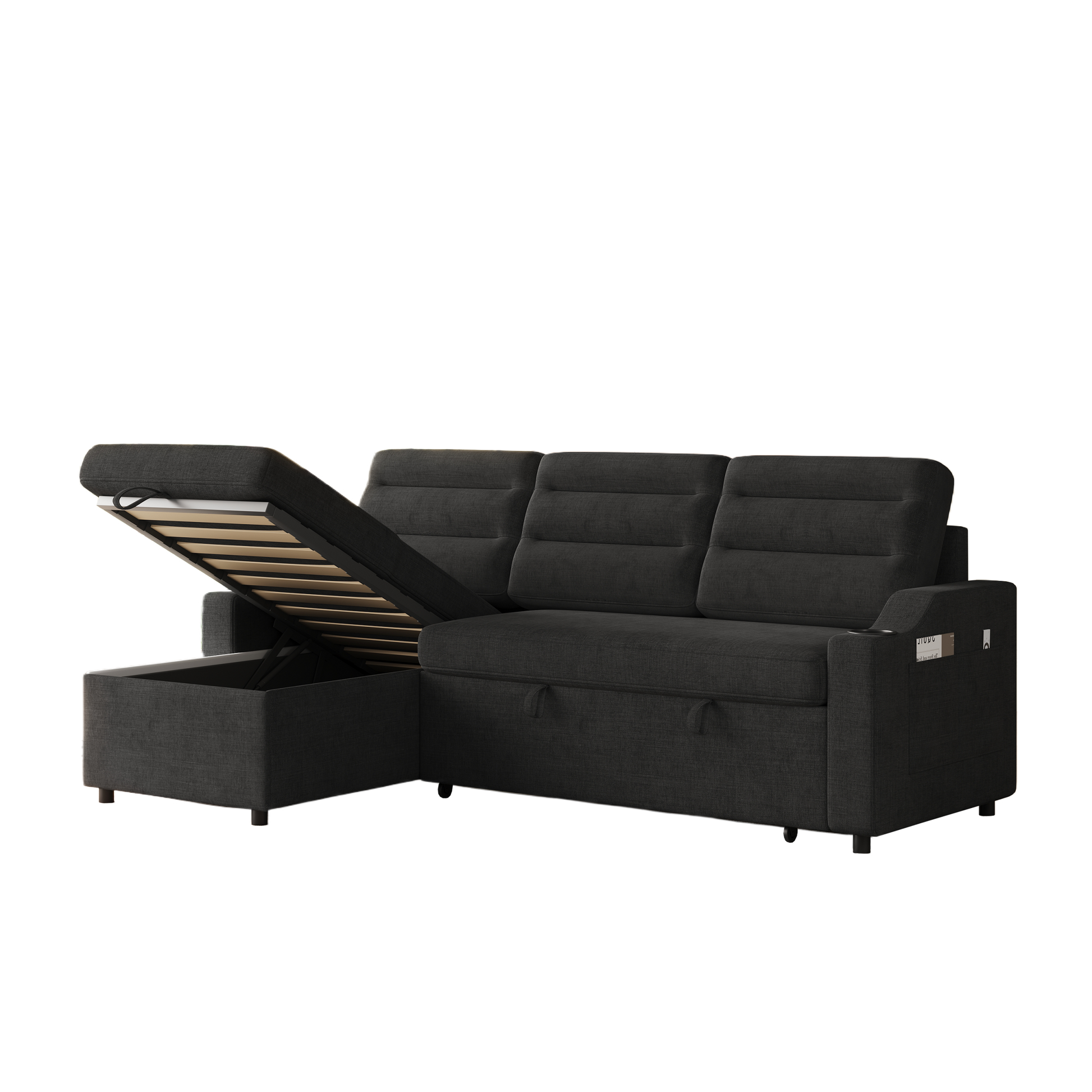 Mh83.5" Convertible Sleeper Combo Sofa, Convertible Sofa Bed Polyester Pullout Bed With Storage Recliner And Cup Holder For Living Room, Tight Spaces Black Polyester Wood Primary Living Space Pine Polyester Fabric 3 Seat