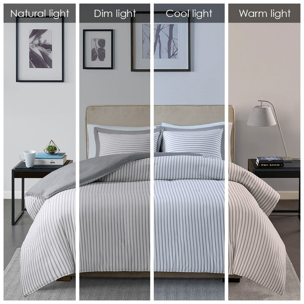 Reversible Yarn Dyed Stripe Down Alternative Comforter Set Queen White Gray Microfiber