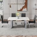 Modern Minimalist Dining Table. Imitation Marble Glass Sticker Desktop, Stainless Steel Legs, Stable And Beautiful. 4 Black Pu Seats. 63 