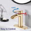 Waterfall Bathroom Faucet Single Handle Bathroom Sink Faucets 1 Or 3 Hole Solid Vanity Faucet With Deck Plate & Overflow Pop Up Drain Brushed Nickel One Brushed Gold Bathroom Gold Brass