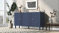 Elegant Four Door Sideboard With Wavy Pattern Doors, Cylindrical Legs, And Sleek Metal Handles, Adjustable, Suitable For Study, Entryway And Living Room Navy Blue Primary Living Space American